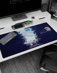 Two uniformed students facing on quiet steps 40x20 inches anime desk pad with hands reaching in sky.