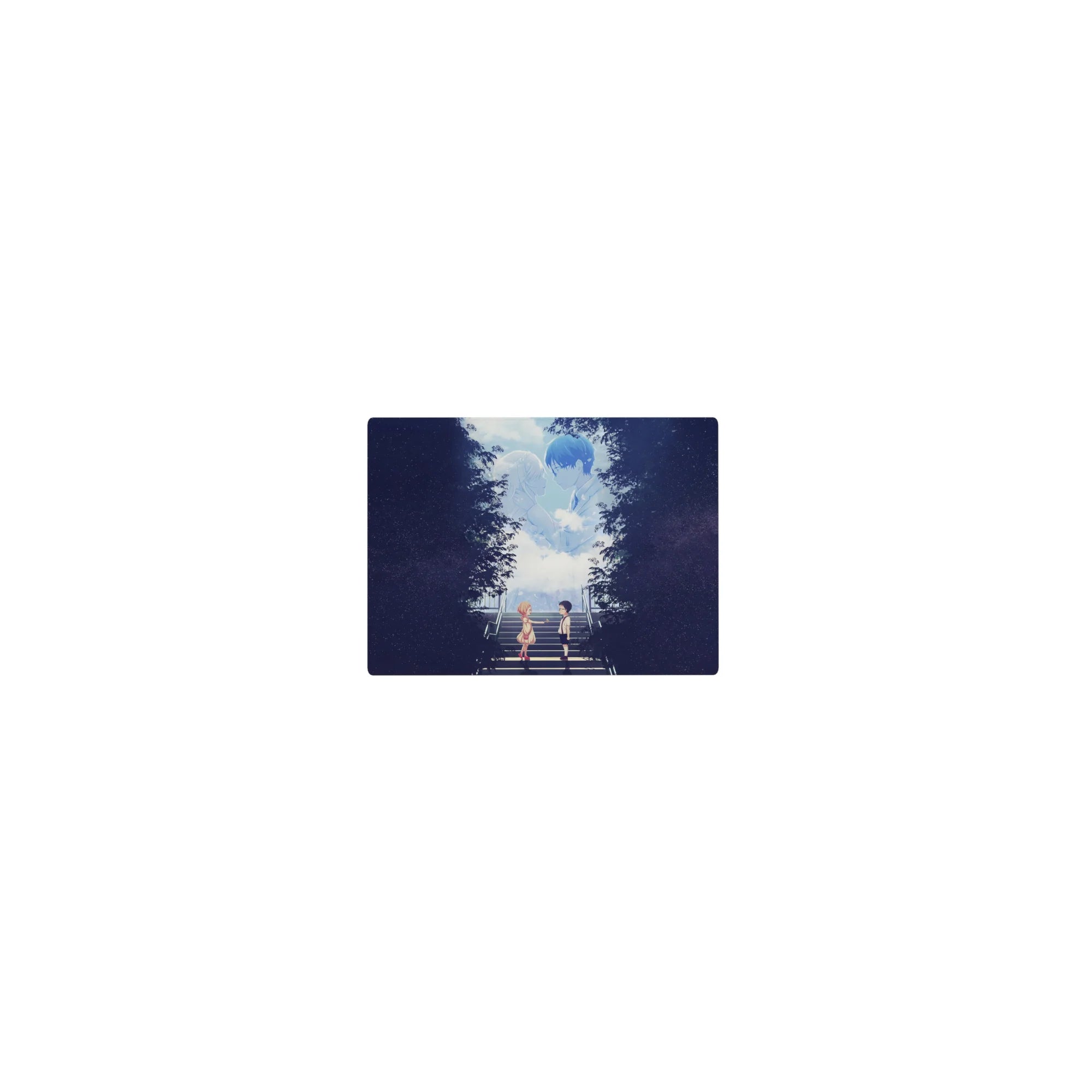 Classic anime mouse pad 14x10 inches with students on steps under a dreamy sky and starry texture.