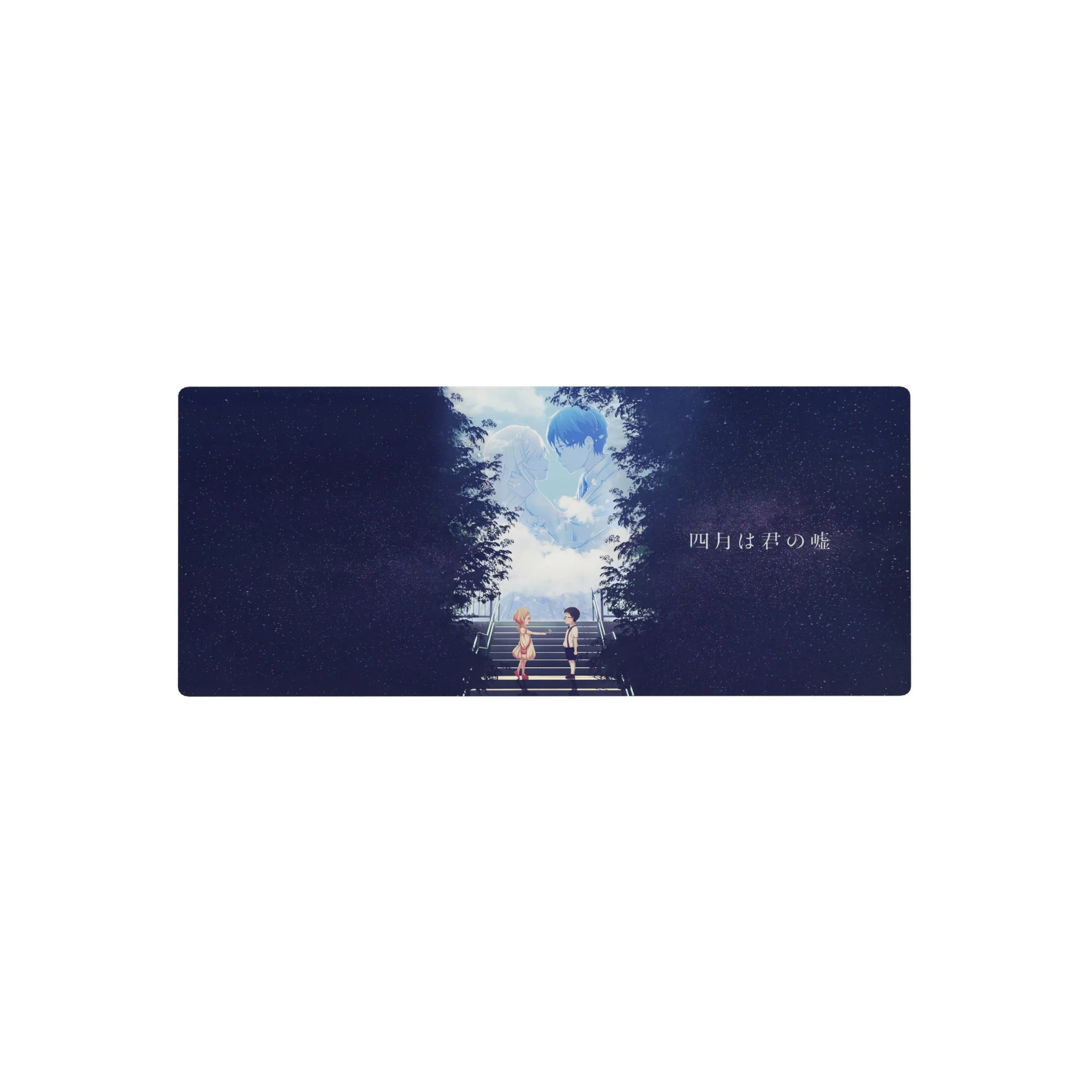 28x12 inches anime mouse pad with two students on steps under a dreamy sky scene, starry texture.