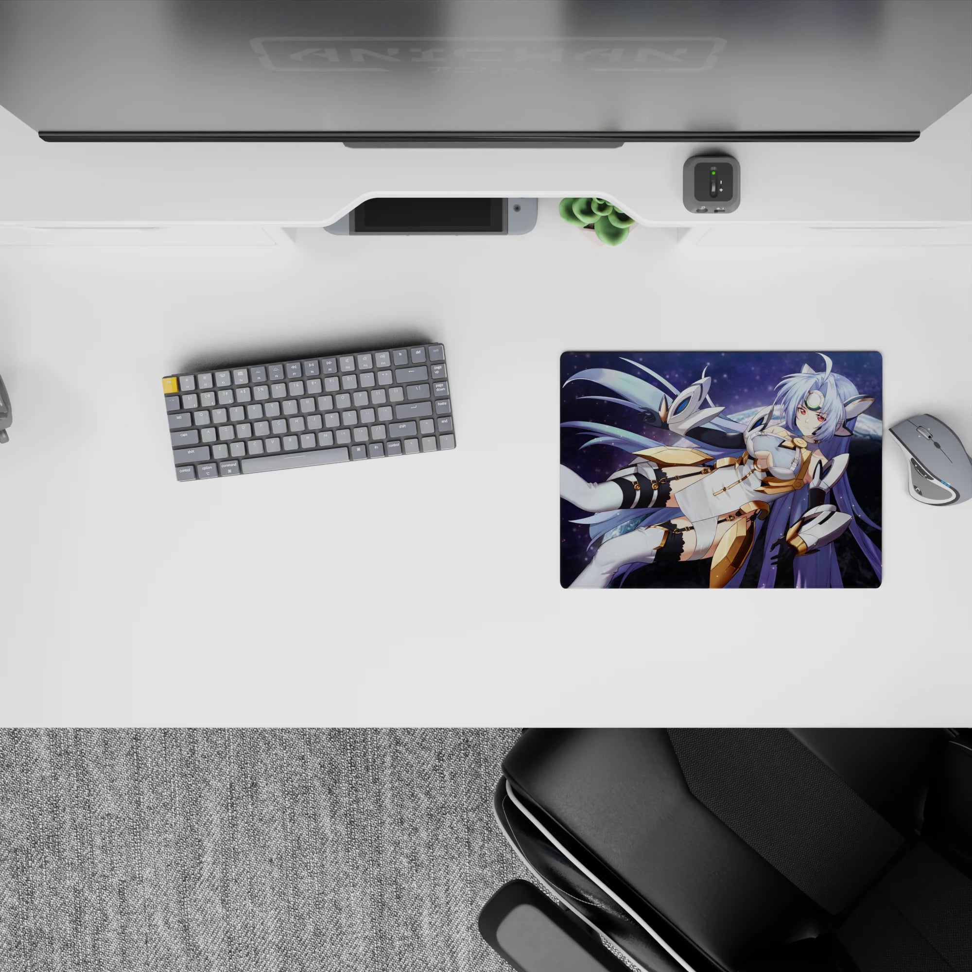 Dreamy cosmic purple anime mouse pad 14x10 inches, silvery lavender hair and glowing highlights.