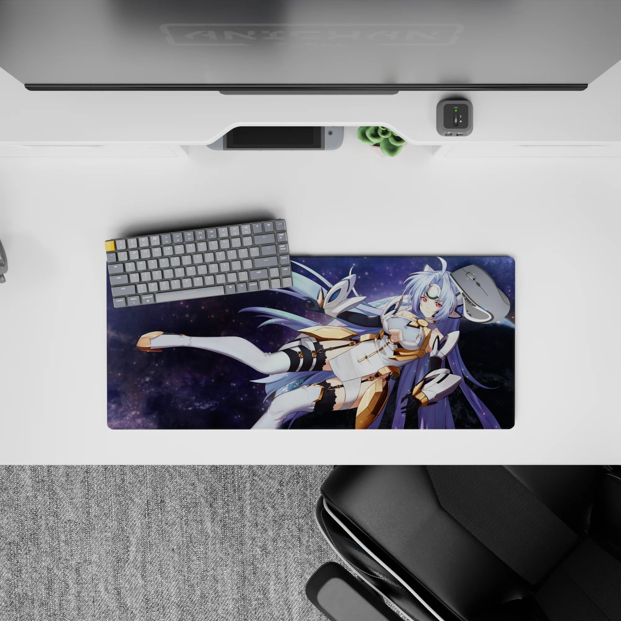28x12 inches anime girl mouse pad in dreamy cosmic purples and silvery lavender tones, glowing highlights.