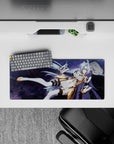 28x12 inches anime girl mouse pad in dreamy cosmic purples and silvery lavender tones, glowing highlights.