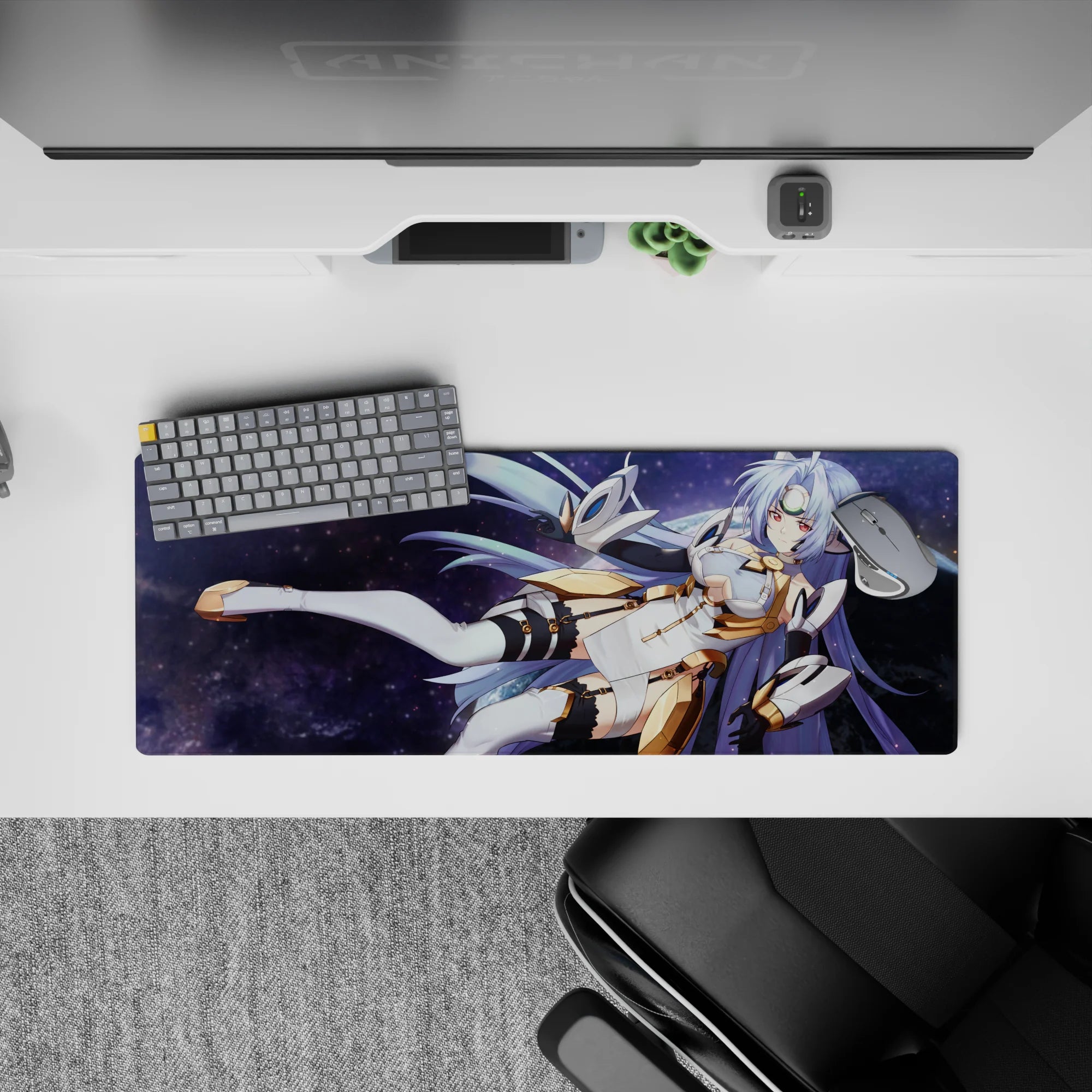 32x12 inches anime girl mouse pad in cosmic purples with silvery lavender hair and glowing space vibes.
