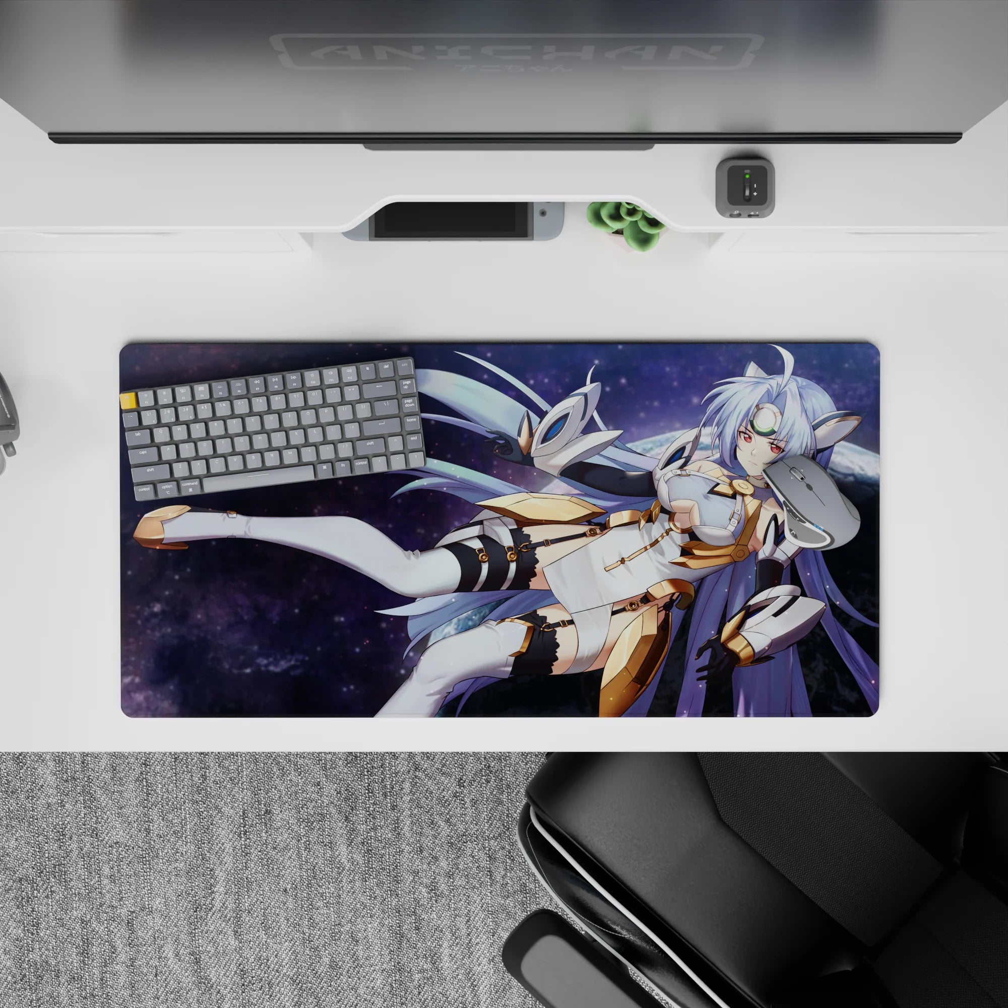 Cosmic purple anime girl mouse pad 32x16 inches in dreamy space tones with glowing highlights.
