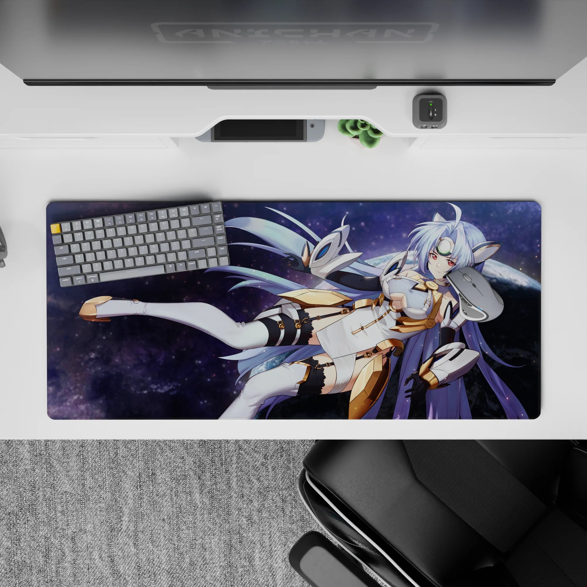36x16 inches anime desk pad in dreamy cosmic purples and silvery lavender tones, clean magical vibe.