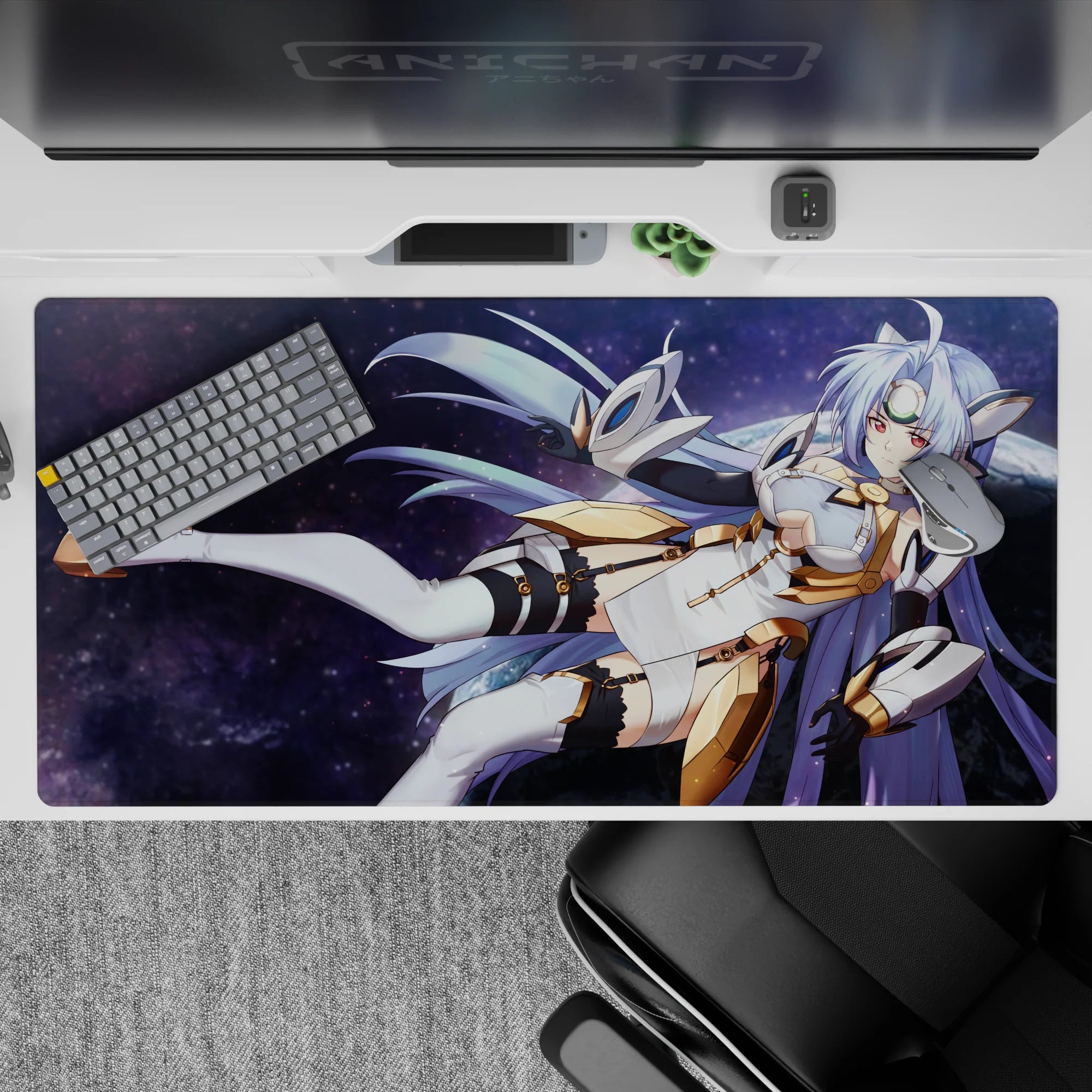 40x20 inches anime girl desk pad in cosmic purples and silvery lavender, dreamy space glow for gaming.