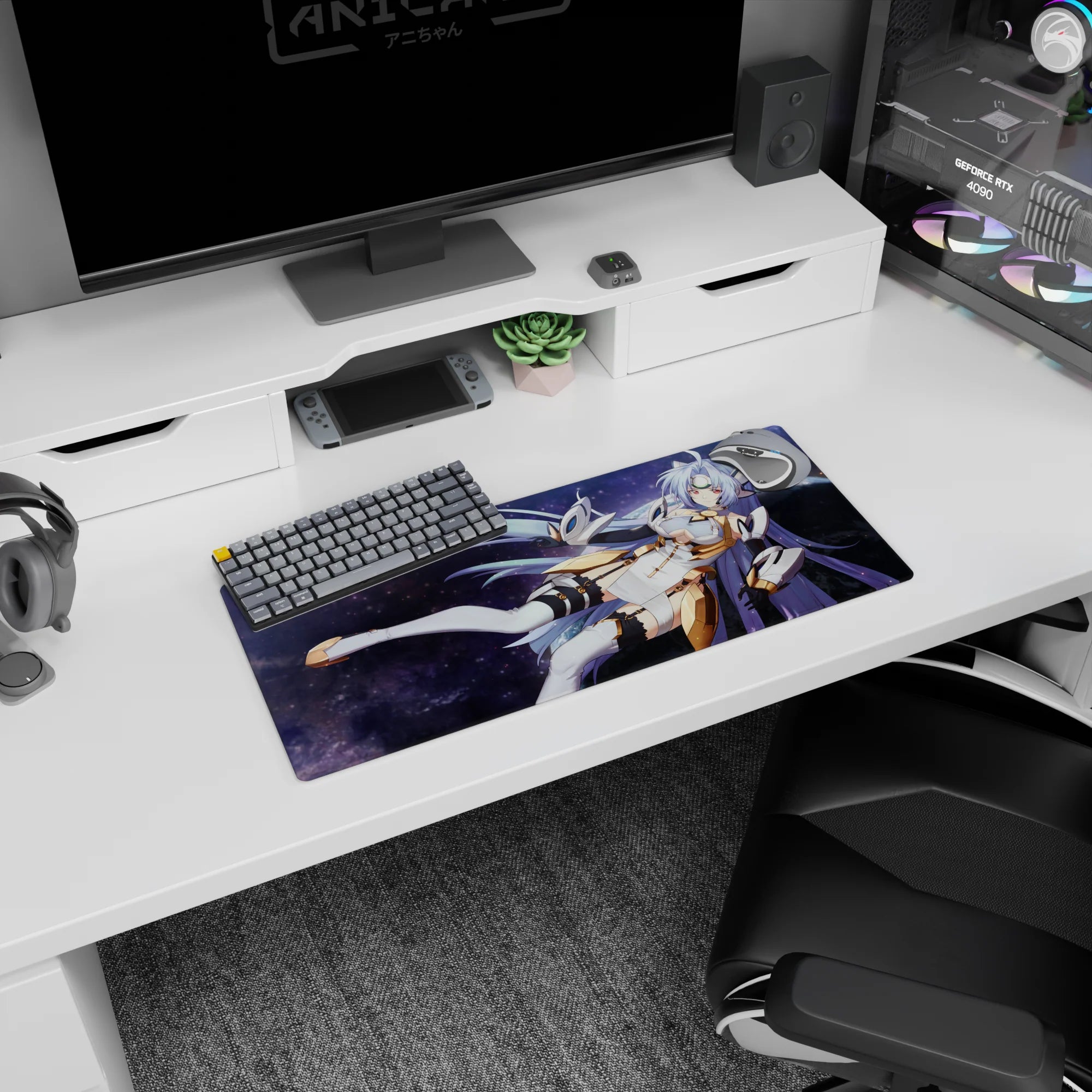28x12 inches anime girl mouse pad showing lavender-haired space warrior in white-gold armor over a galaxy backdrop.