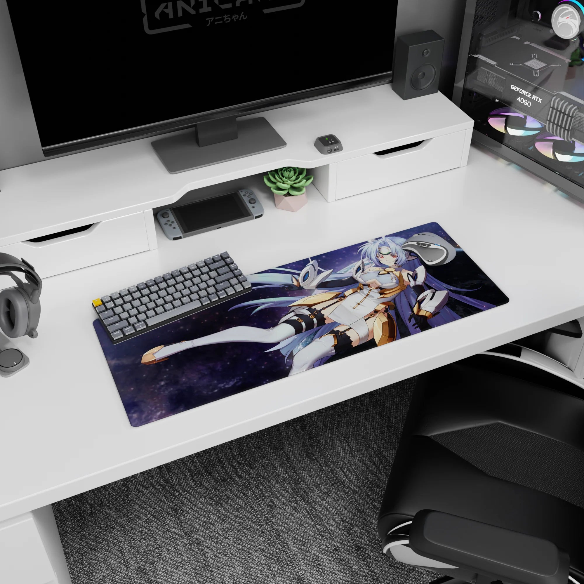 32x12 inches anime girl mouse pad showing a flirty space warrior in white-and-gold armor over a galaxy.