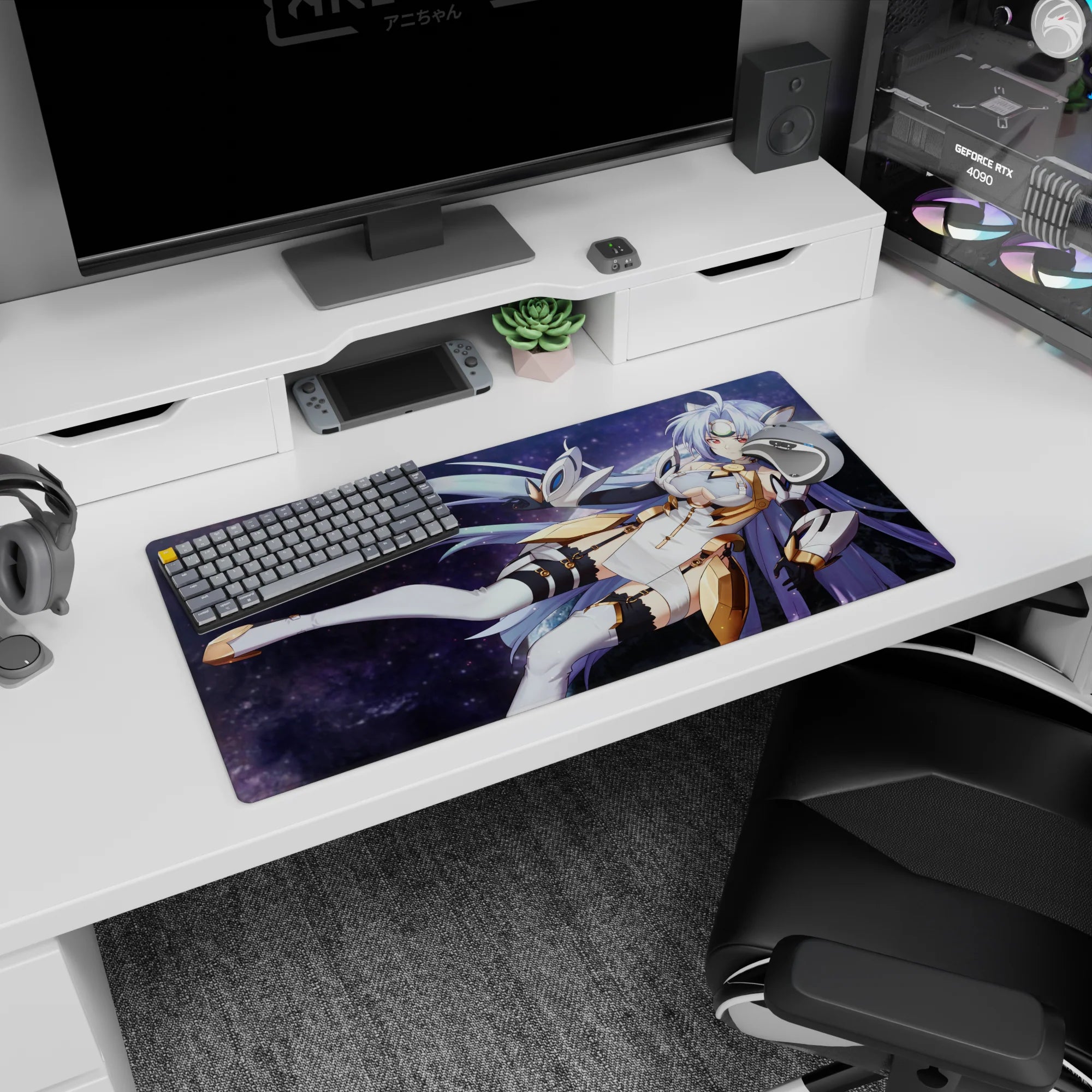 Silver-lavender haired anime warrior on mouse pad 32x16 inches, white armor against a deep galaxy.