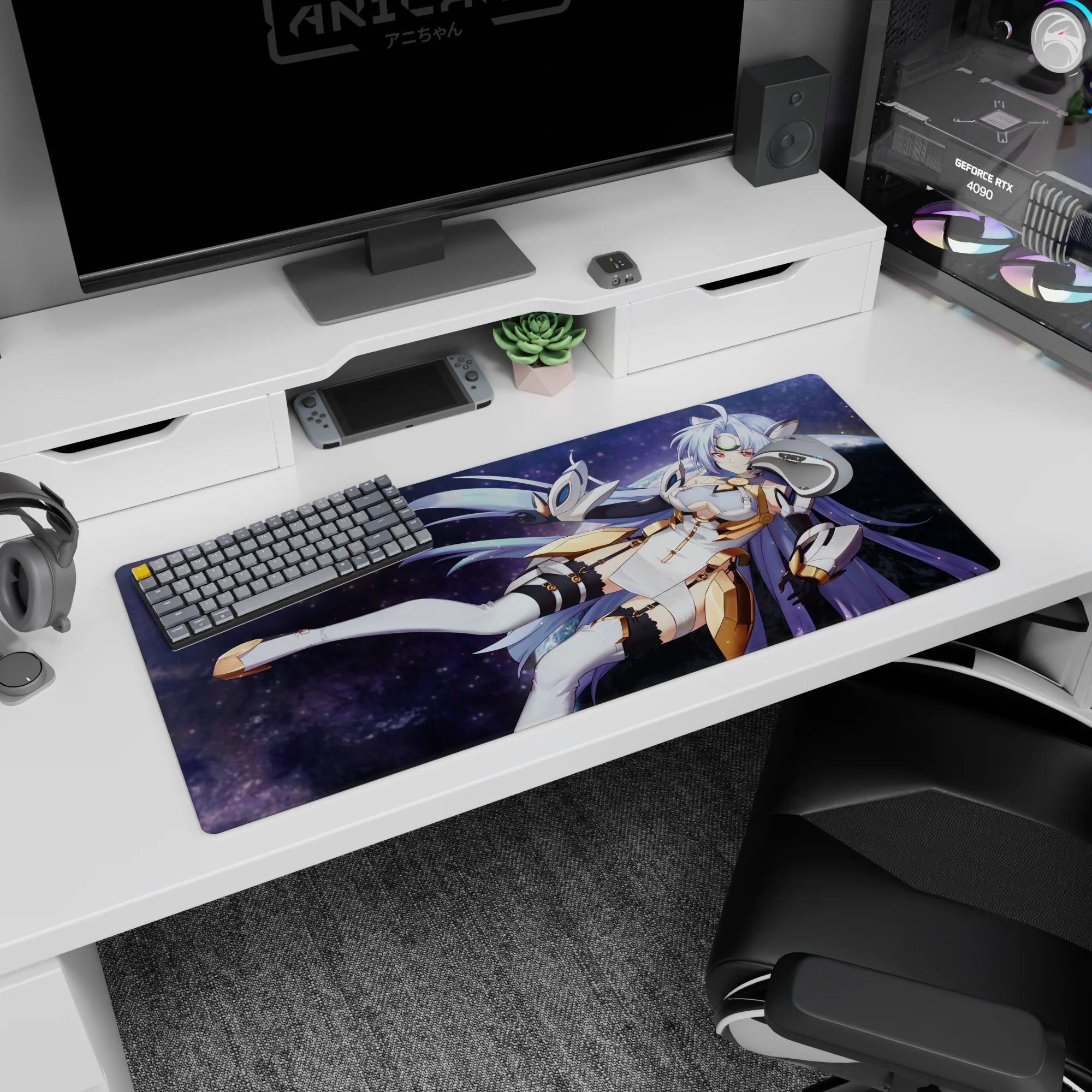 36x16 inches desk pad showing armored anime girl with flowing lavender hair over a glowing space backdrop.