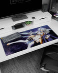 36x16 inches desk pad showing armored anime girl with flowing lavender hair over a glowing space backdrop.