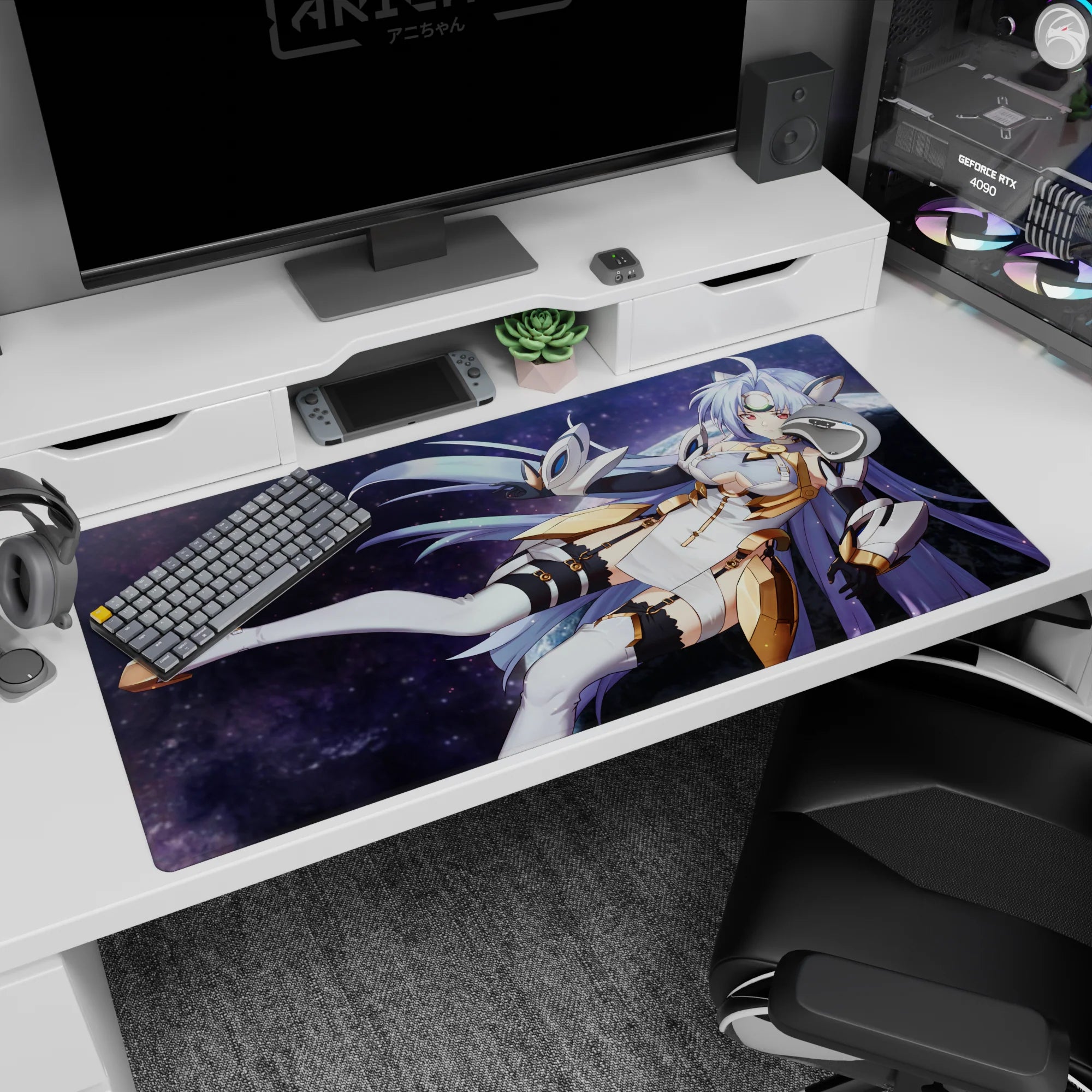 40x20 inches anime desk pad showing a flirty space warrior with flowing silver-lavender hair over stars.