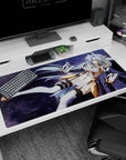 40x20 inches anime desk pad showing a flirty space warrior with flowing silver-lavender hair over stars.