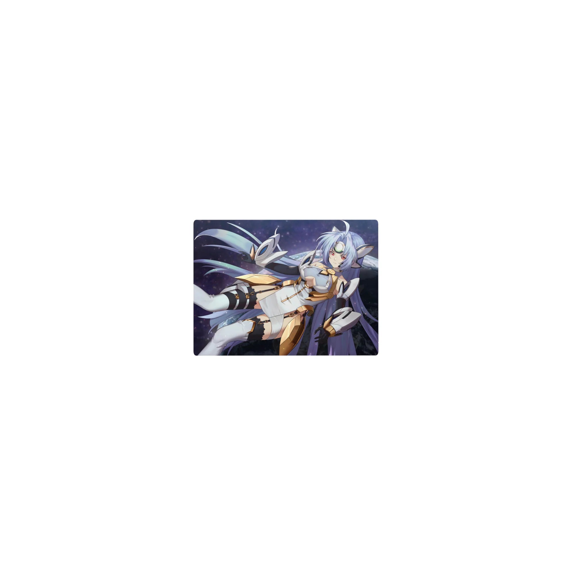 Classic anime girl mouse pad 14x10 inches with sci‑fi goddess in white armor, gold trim, starfield hair.