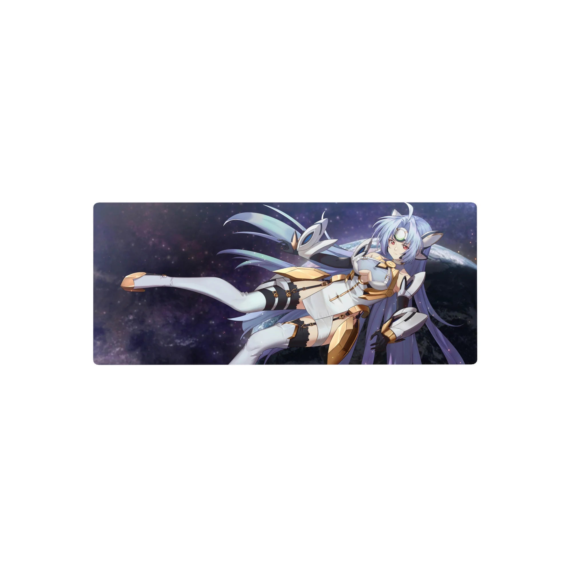 28x12 inches anime girl mouse pad with sci-fi goddess in white armor, gold trim, and starfield hair.