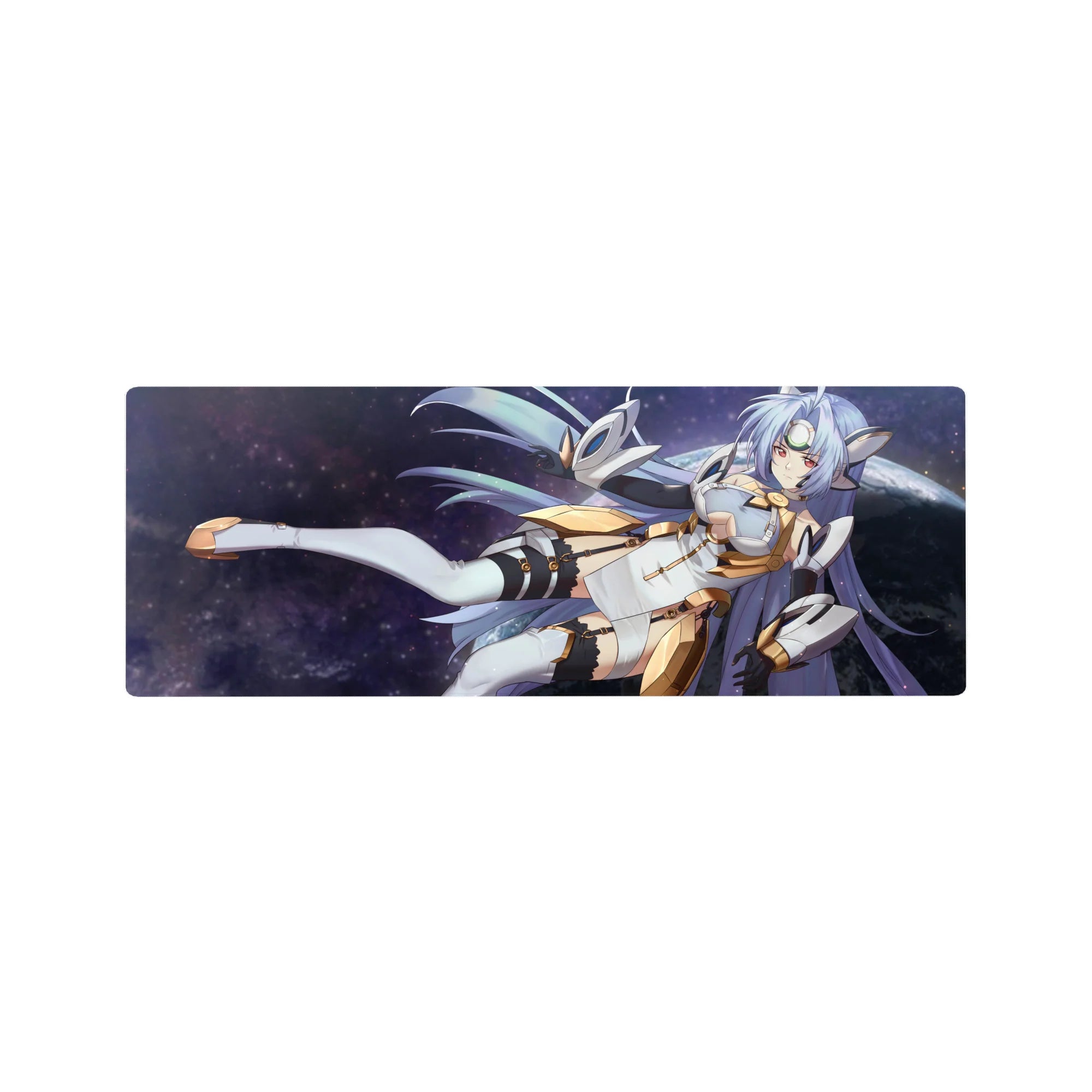 32x12 inches anime girl mouse pad with sci‑fi goddess in white armor, gold trim, and starfield hair.
