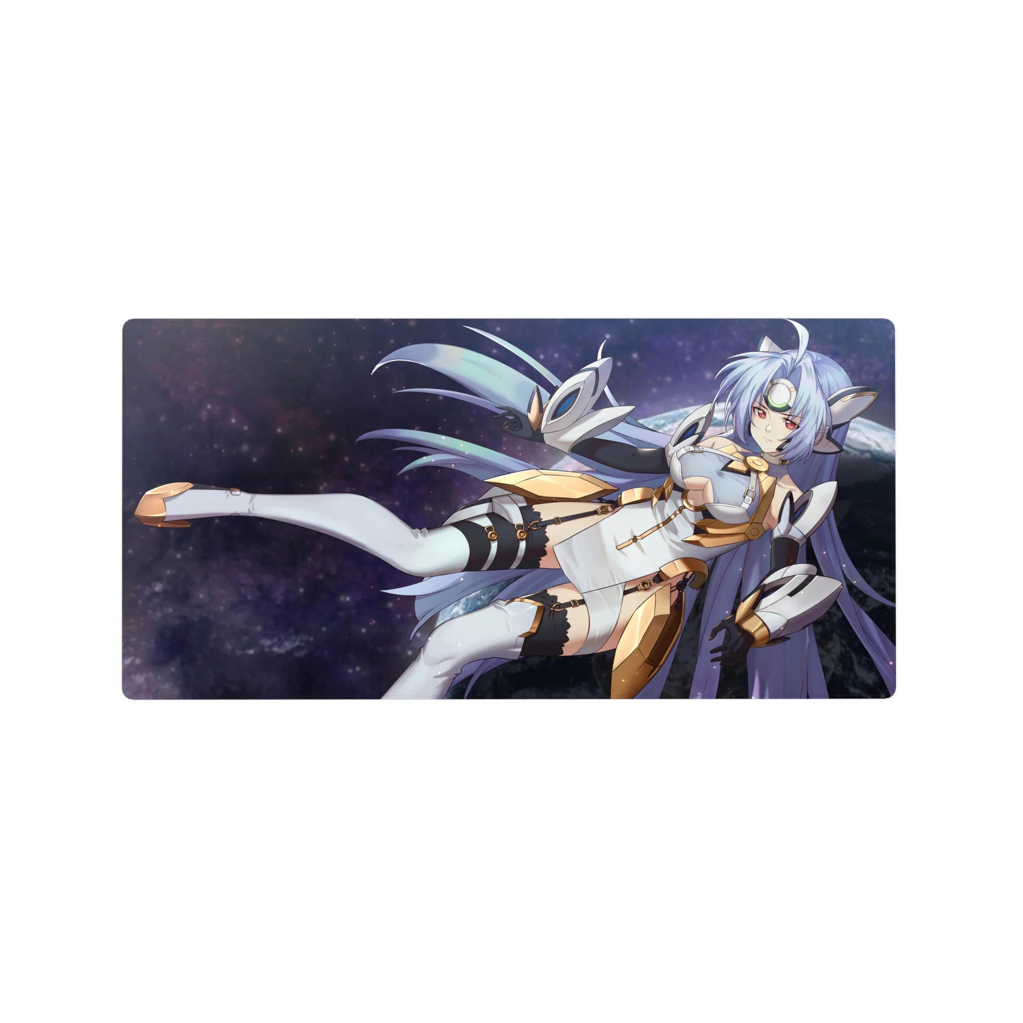 Anime girl mouse pad 32x16 inches with sci-fi goddess in white armor, gold trim, and starfield hair.