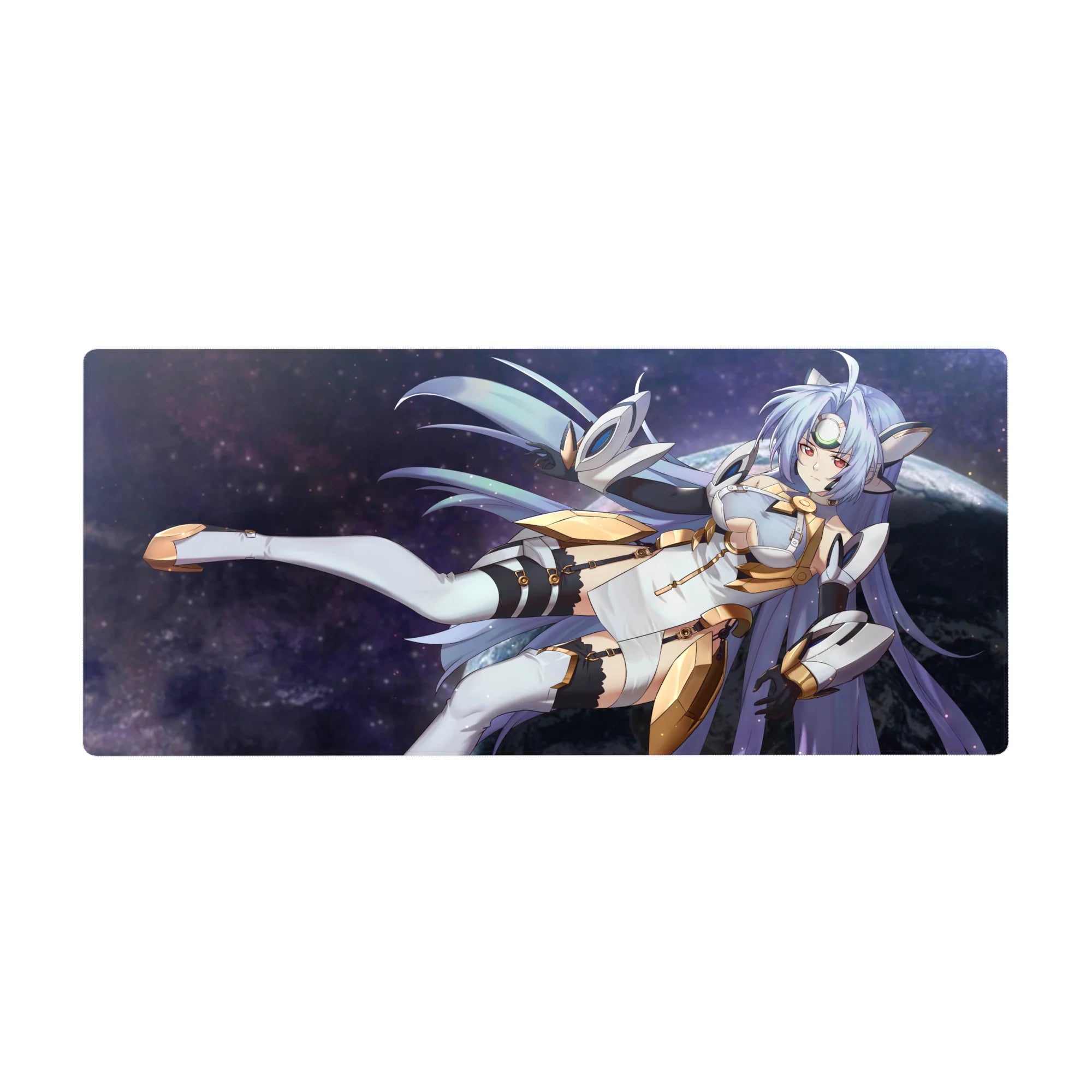 36x16 inches anime girl desk pad with sci-fi goddess in white armor, gold trim, and starfield hair.