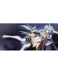 36x16 inches anime girl desk pad with sci-fi goddess in white armor, gold trim, and starfield hair.
