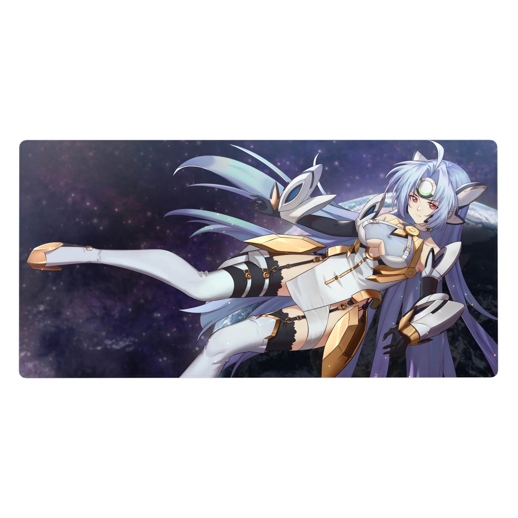 Anime girl desk pad 40x20 inches with sci-fi goddess in white armor, gold trim, and starfield hair.