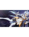 Anime girl desk pad 40x20 inches with sci-fi goddess in white armor, gold trim, and starfield hair.