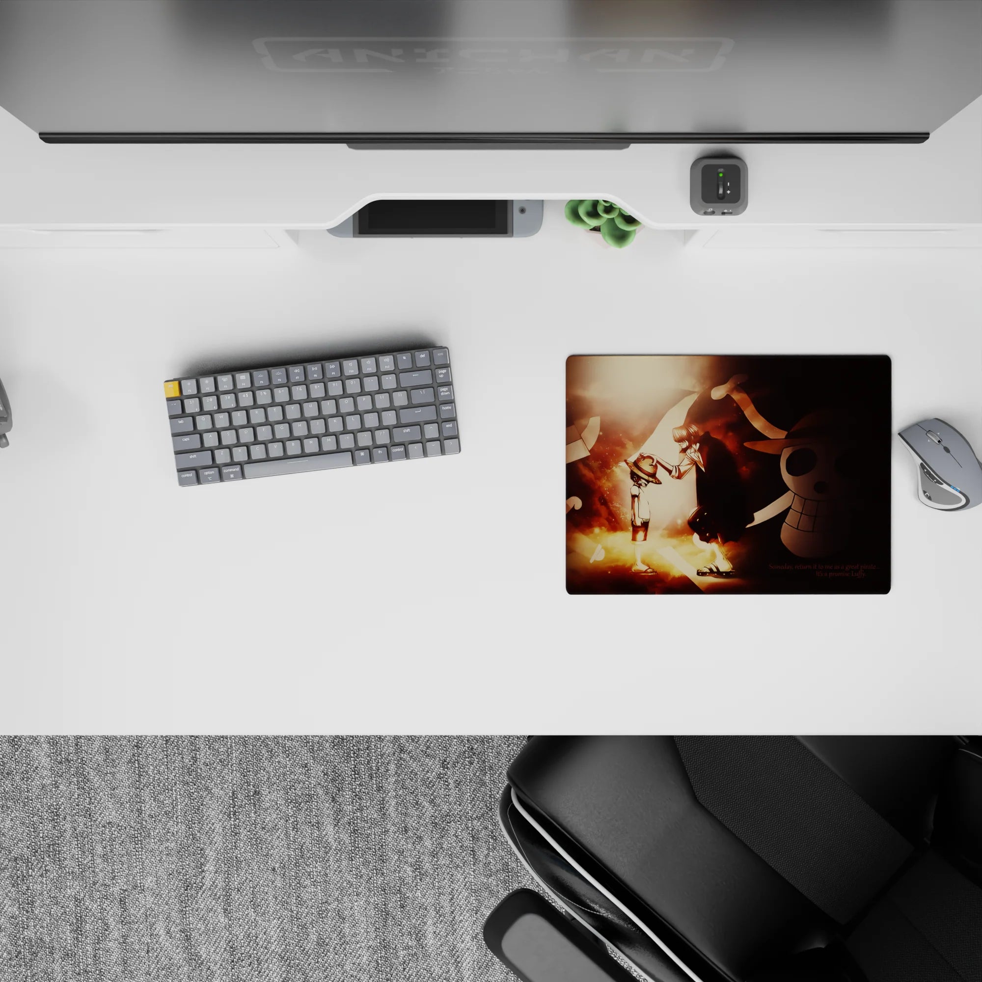 Warm gold glow and smoky red tones on a 14x10 inches anime mouse pad, cozy bold desk aesthetic.