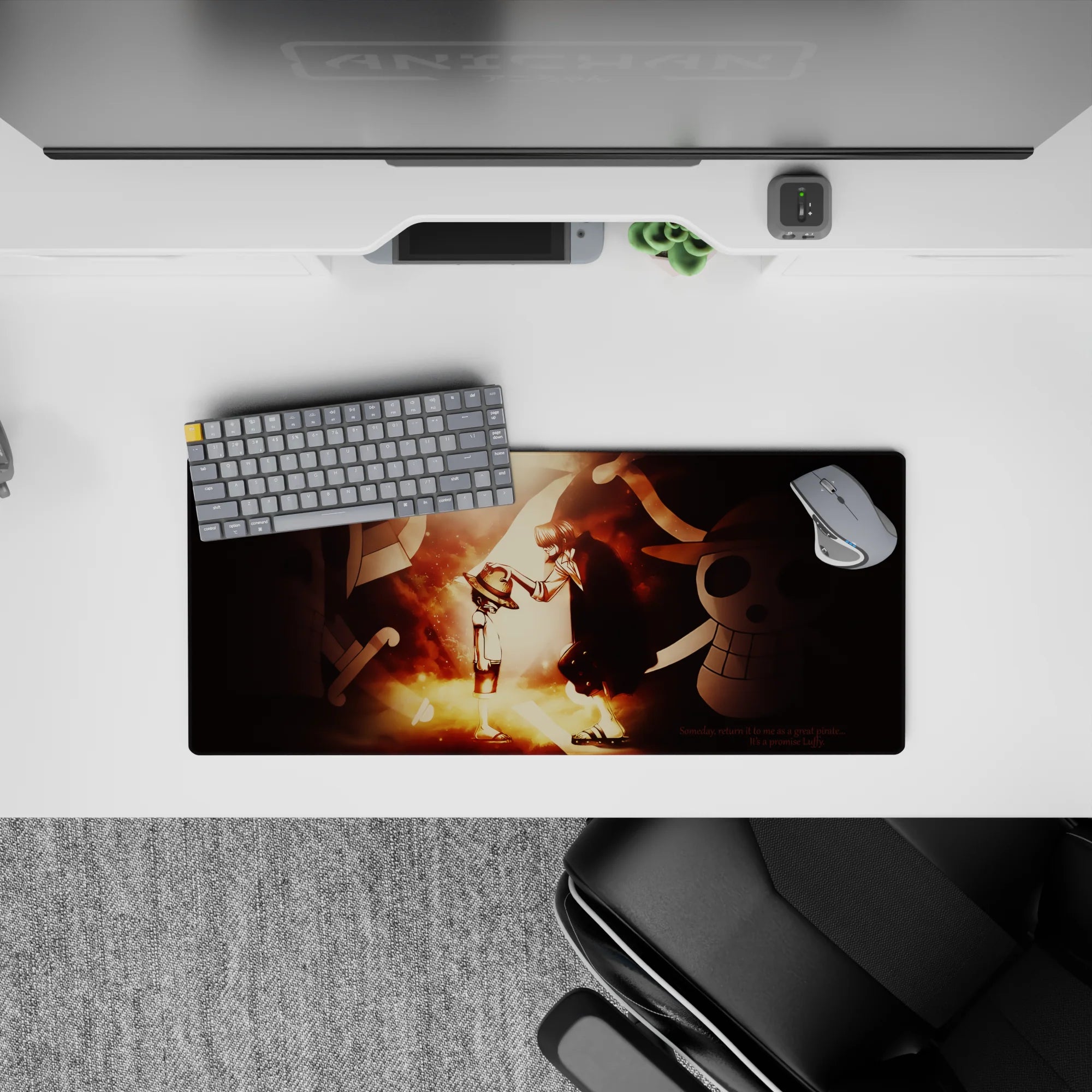 Cozy gold and smoky red anime mouse pad 28x12 inches with soft gradients and nostalgic pirate vibe.