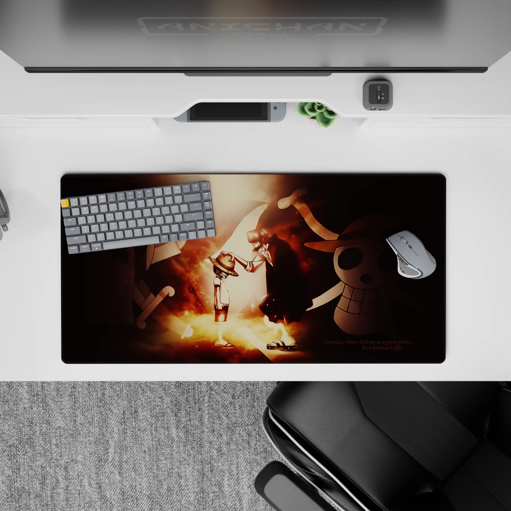Anime mouse pad 32x16 inches in warm gold light and smoky reds, cozy bold gradients for smooth tracking.