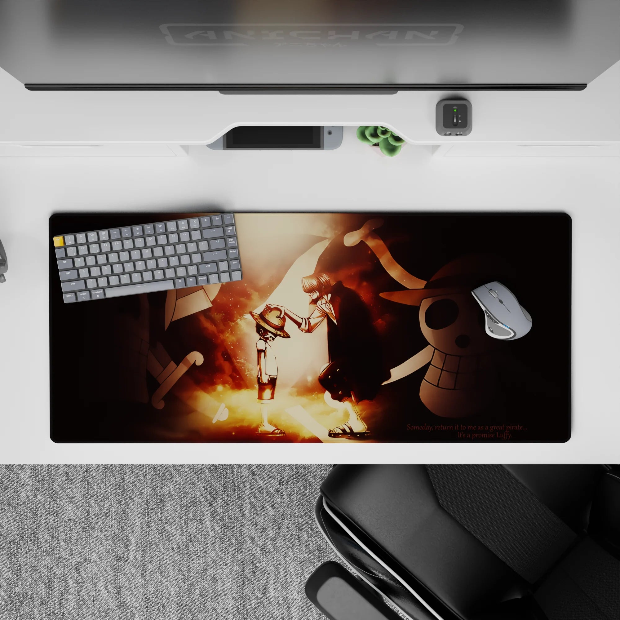 Warm gold and smoky red One Piece desk pad 36x16 inches, cozy memory vibe with soft gradients.