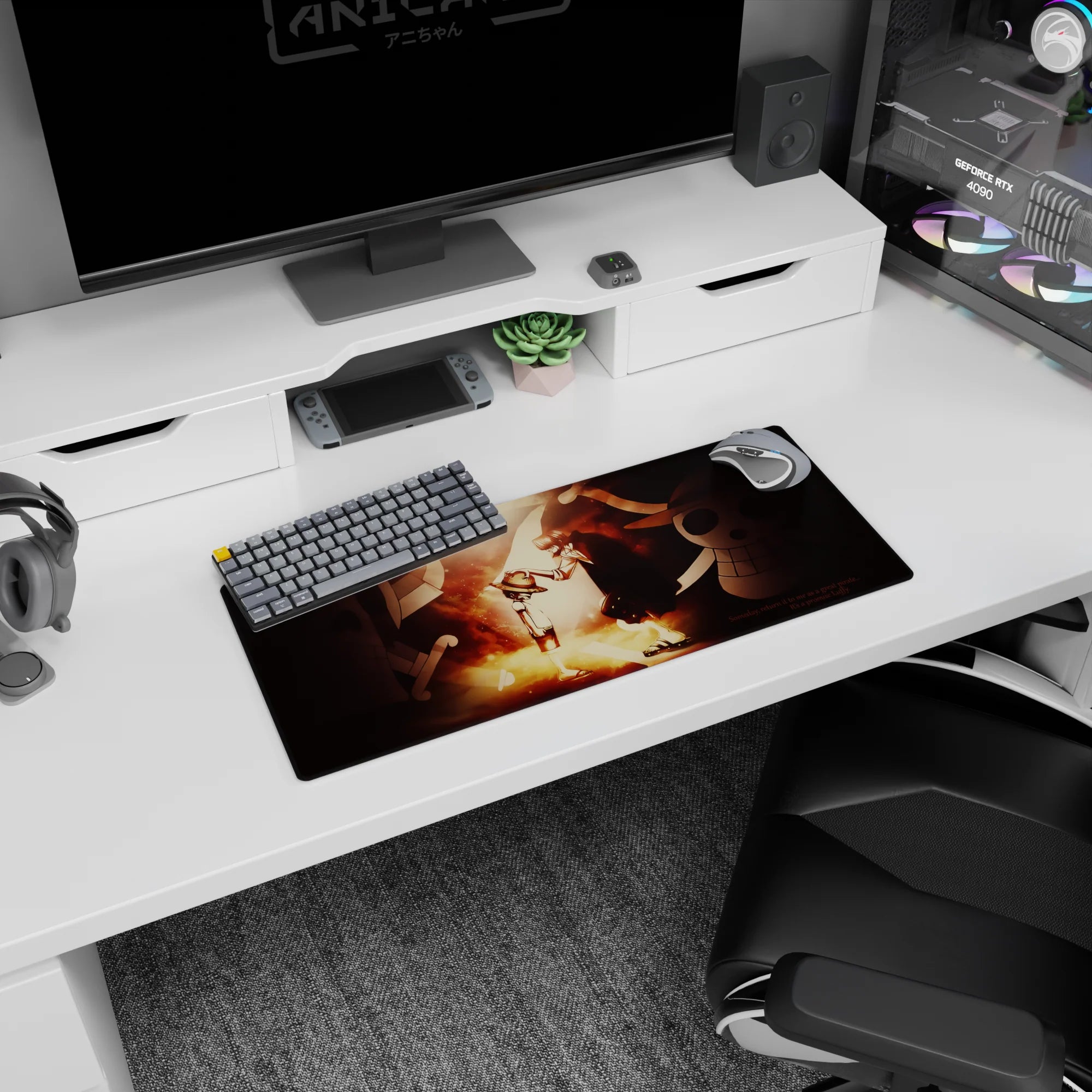 Shanks placing the straw hat on young Luffy scene anime mouse pad 28x12 inches, warm memory style.