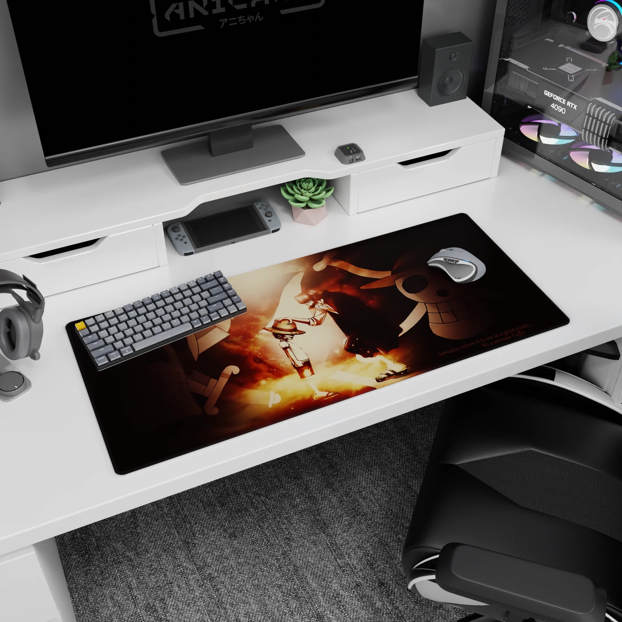 Shanks placing the straw hat on young Luffy One Piece desk pad 36x16 inches, heartfelt promise moment.