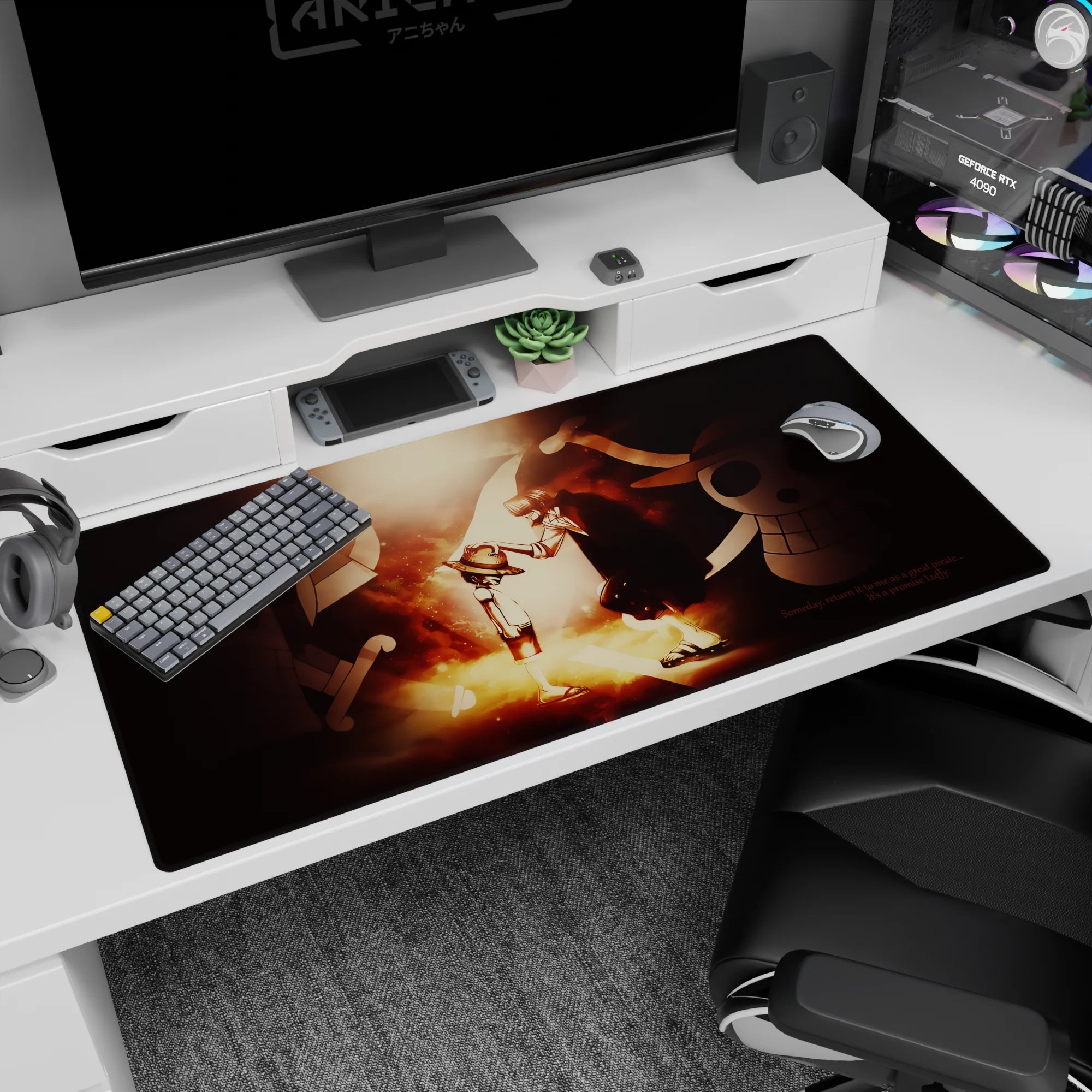 Shanks placing the straw hat on young Luffy anime desk pad 40x20 inches, heartfelt One Piece moment.