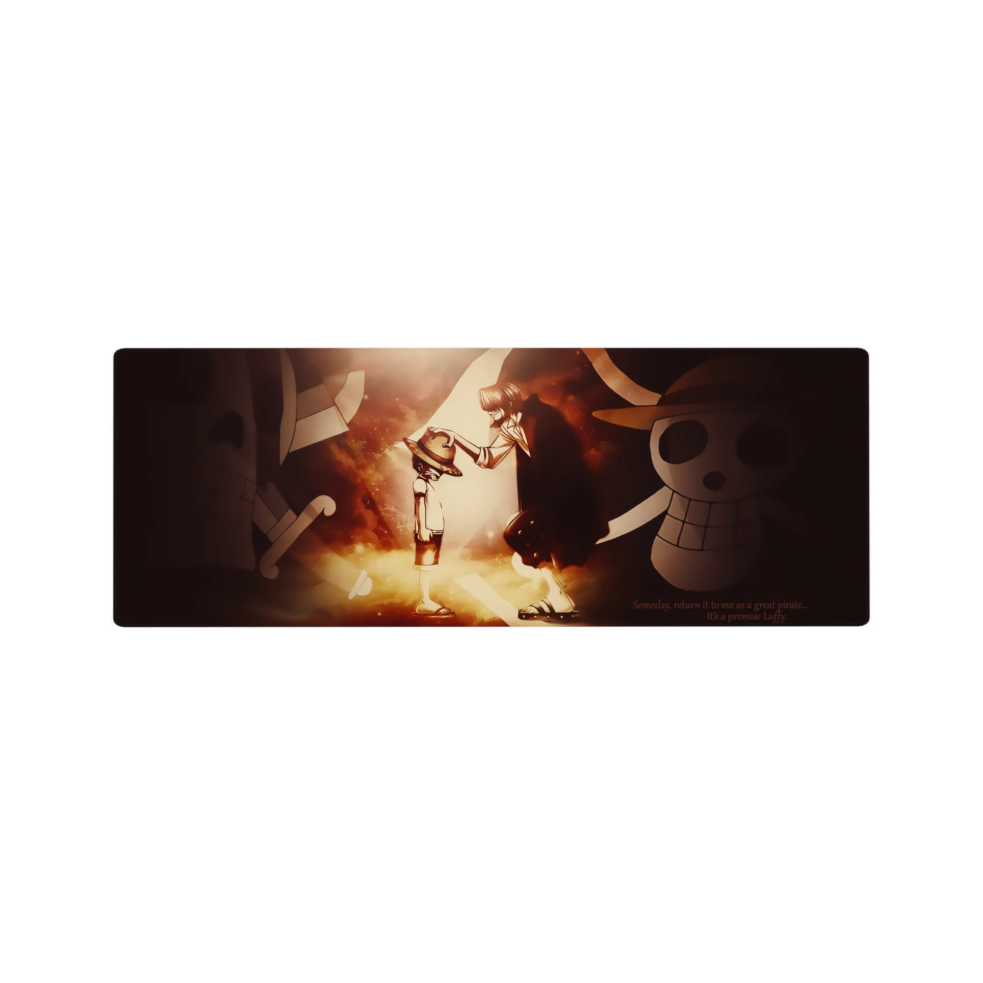 One Piece anime mouse pad 32x12 inches with Shanks and Luffy straw hat scene and Jolly Roger backdrop.