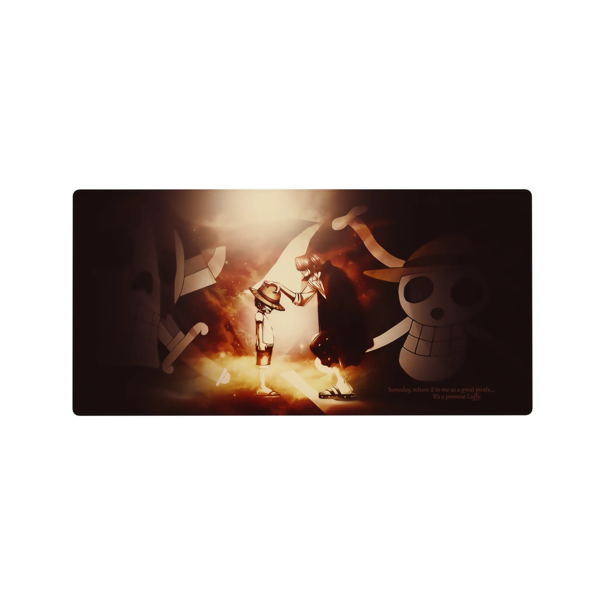 One Piece anime mouse pad 32x16 inches with Shanks and Luffy, Jolly Roger shapes, crisp desk art.