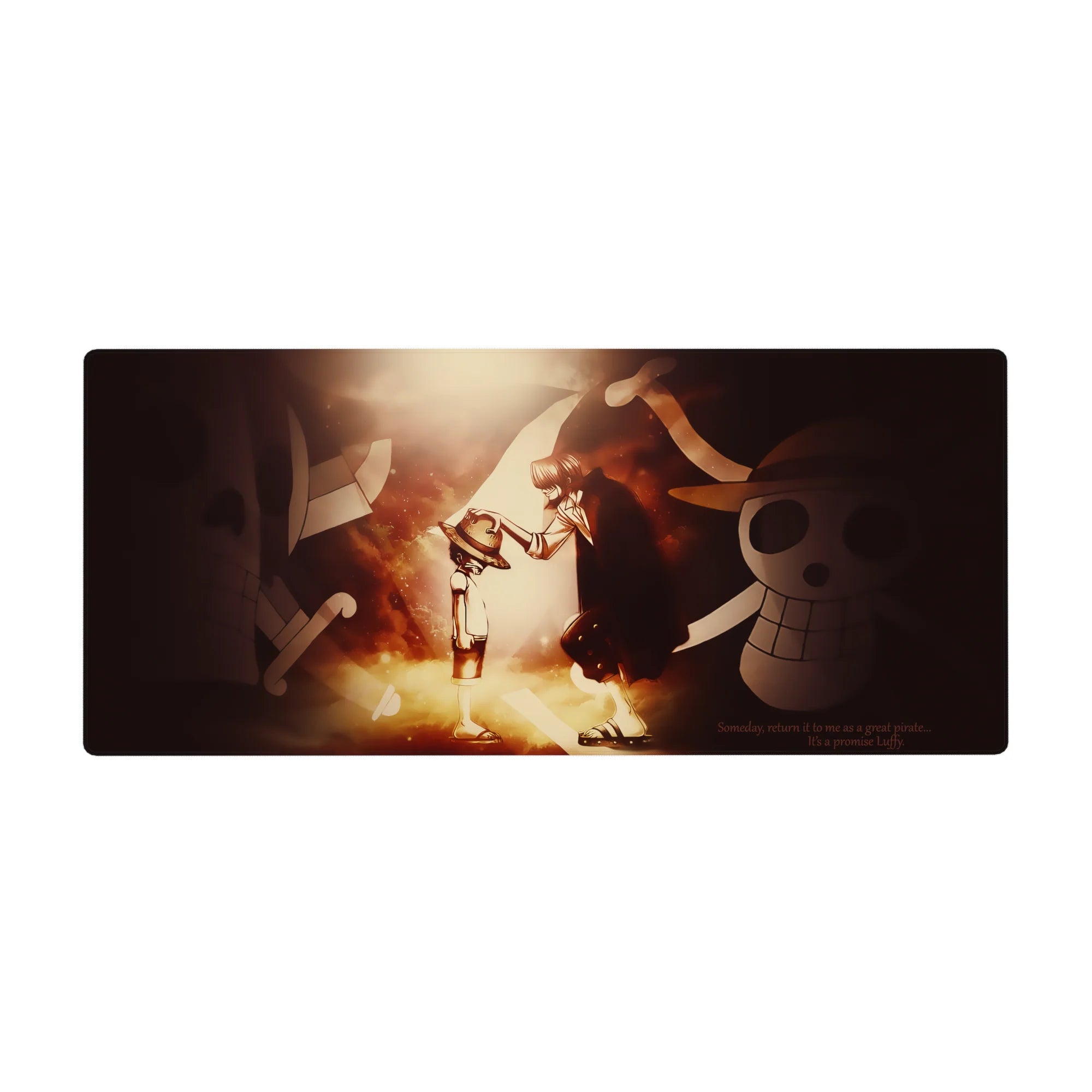 One Piece anime desk pad 36x16 inches with Shanks and Luffy straw hat scene, bold Jolly Roger art.