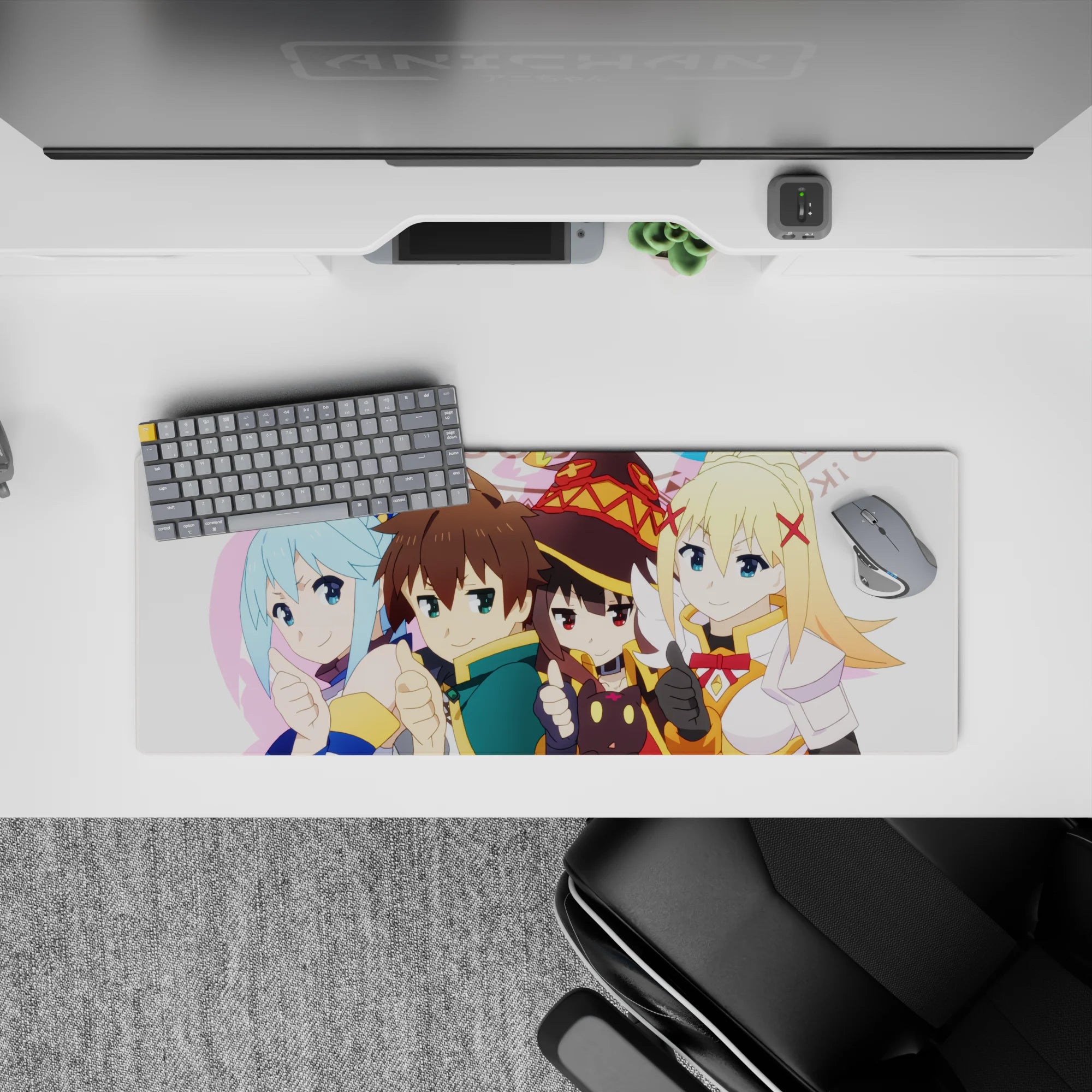 Kazuma and KonoSuba crew on 32x12 inch chibi anime mouse pad, featuring Aqua, Megumin, and Darkness in a vibrant design.