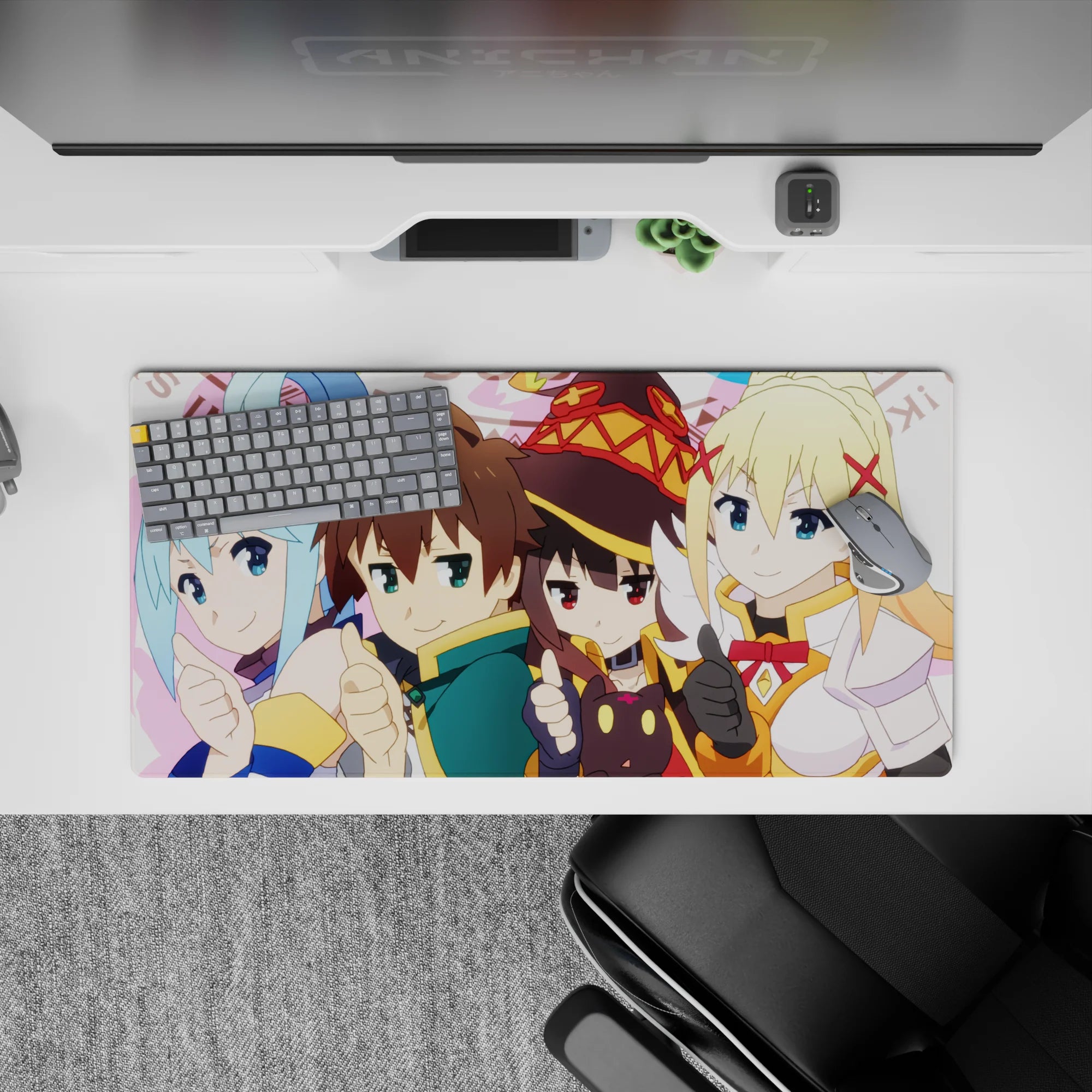 Kazuma and KonoSuba crew chibi-style anime mouse pad, 32x16 inches, with bright colors and cheerful character vibes.