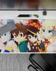 Kazuma and KonoSuba crew anime desk pad 40x20 inches, featuring chibi style and vibrant colors, perfect for anime fans.