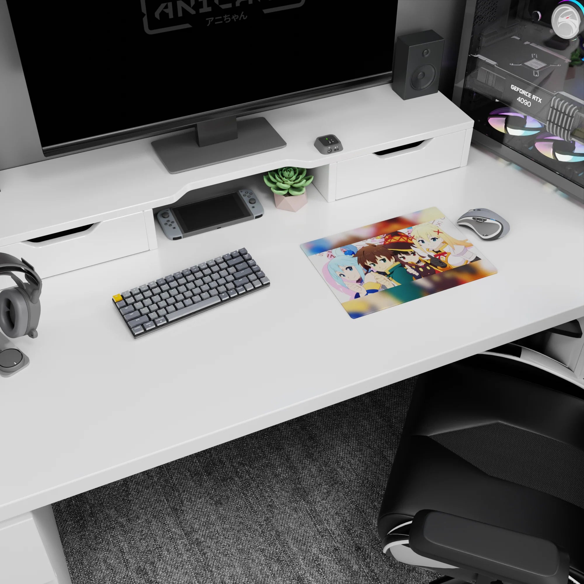 Kazuma and KonoSuba crew anime mouse pad, 14x10 inches, chibi style, vibrant colors, featuring Aqua, Megumin, and Darkness.