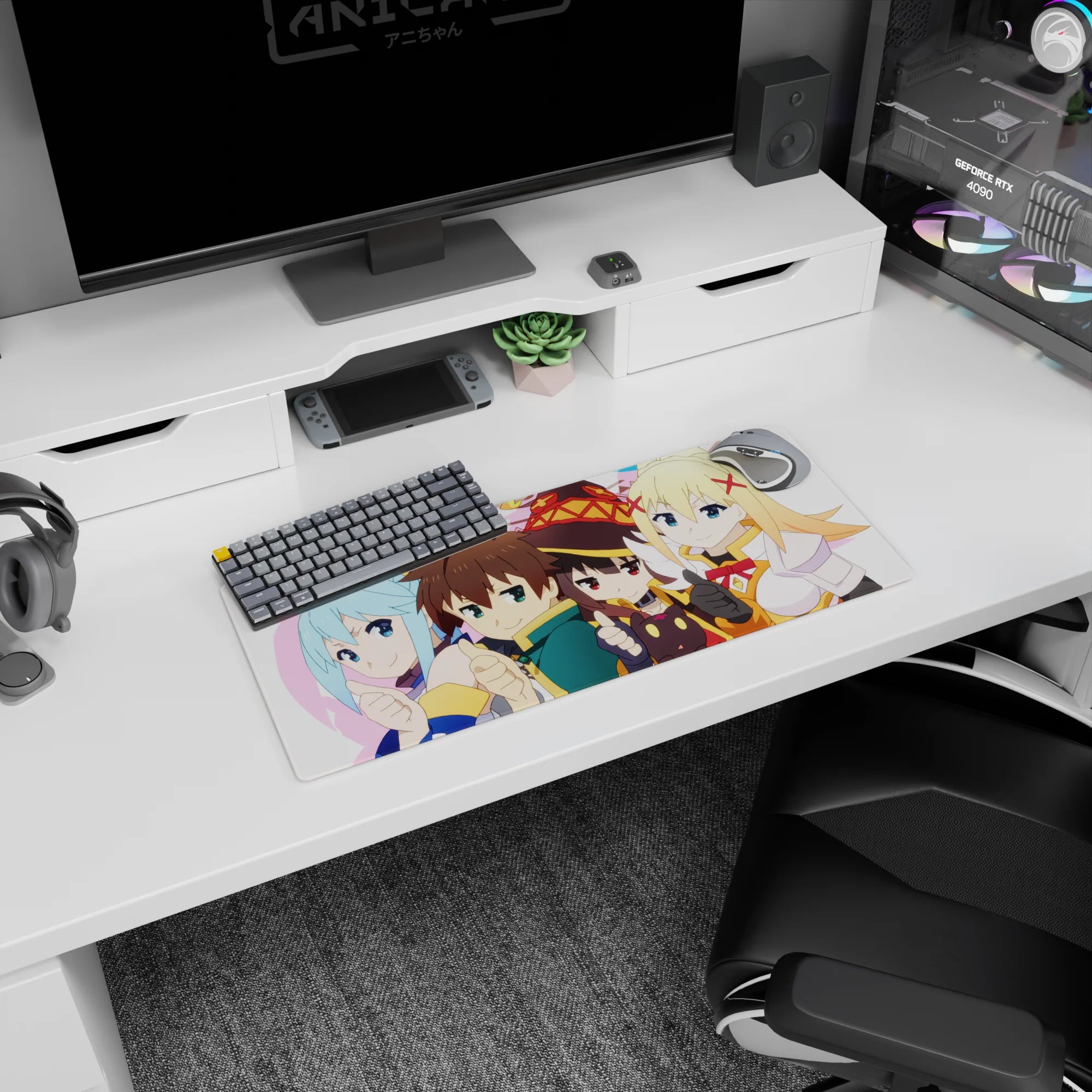 Kazuma and KonoSuba crew anime mouse pad, 28x12 inches, with chibi style, vibrant colors, and cheerful characters.