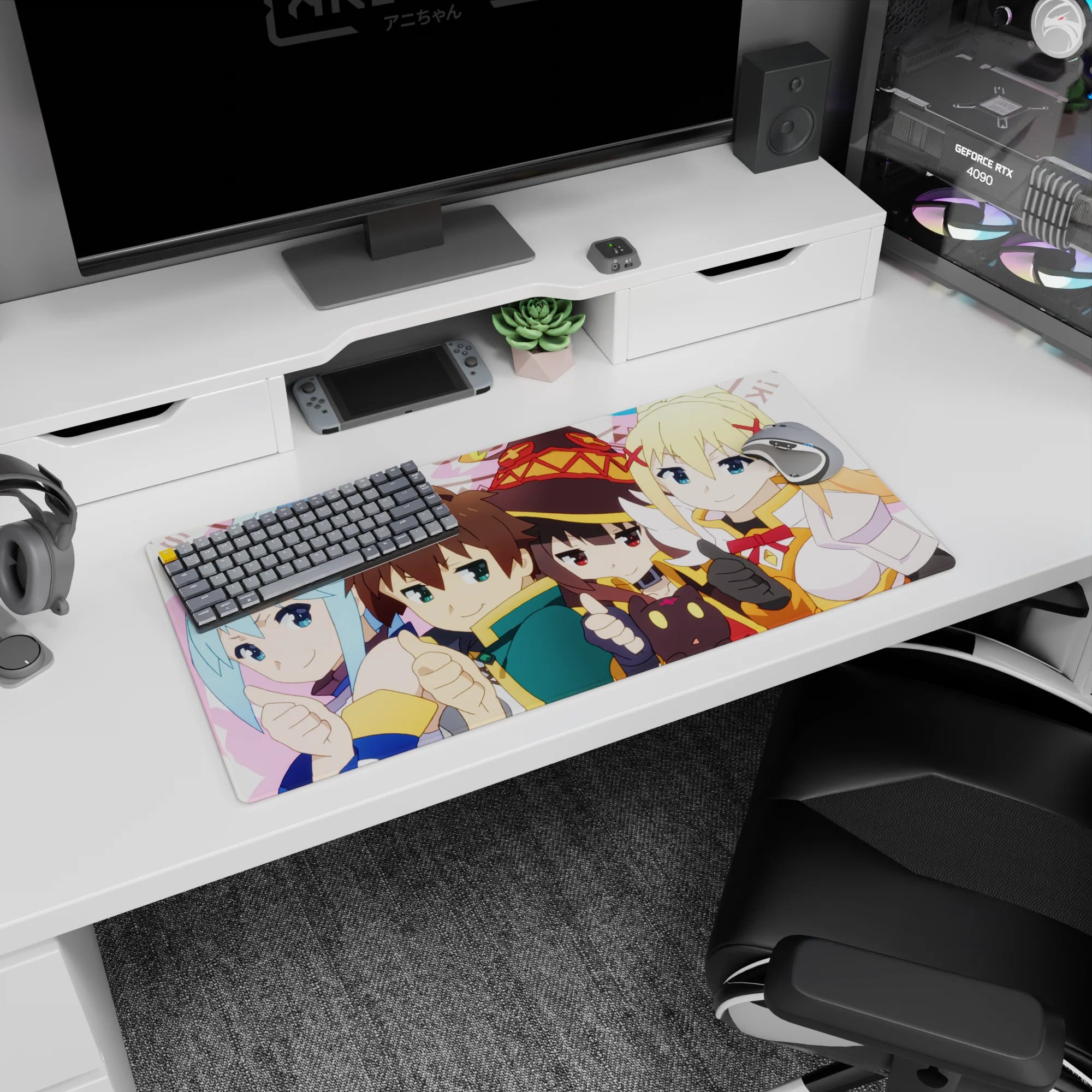 Kazuma and KonoSuba crew chibi anime mouse pad, 32x16 inches, featuring Aqua, Megumin, Darkness in bright colors.