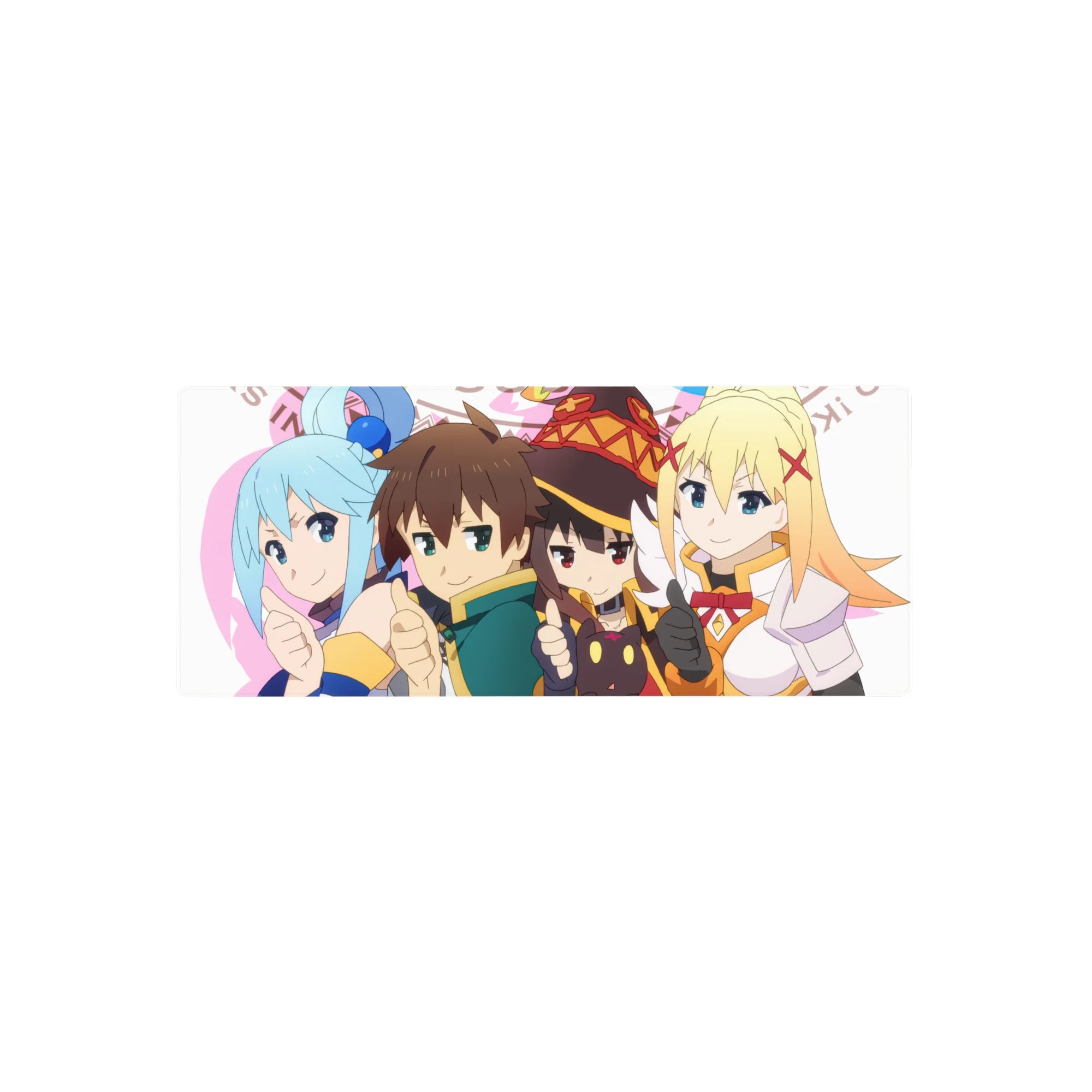 Kazuma and KonoSuba crew anime mouse pad, 28x12 inches, with chibi style, bright palette, and cheerful party energy.