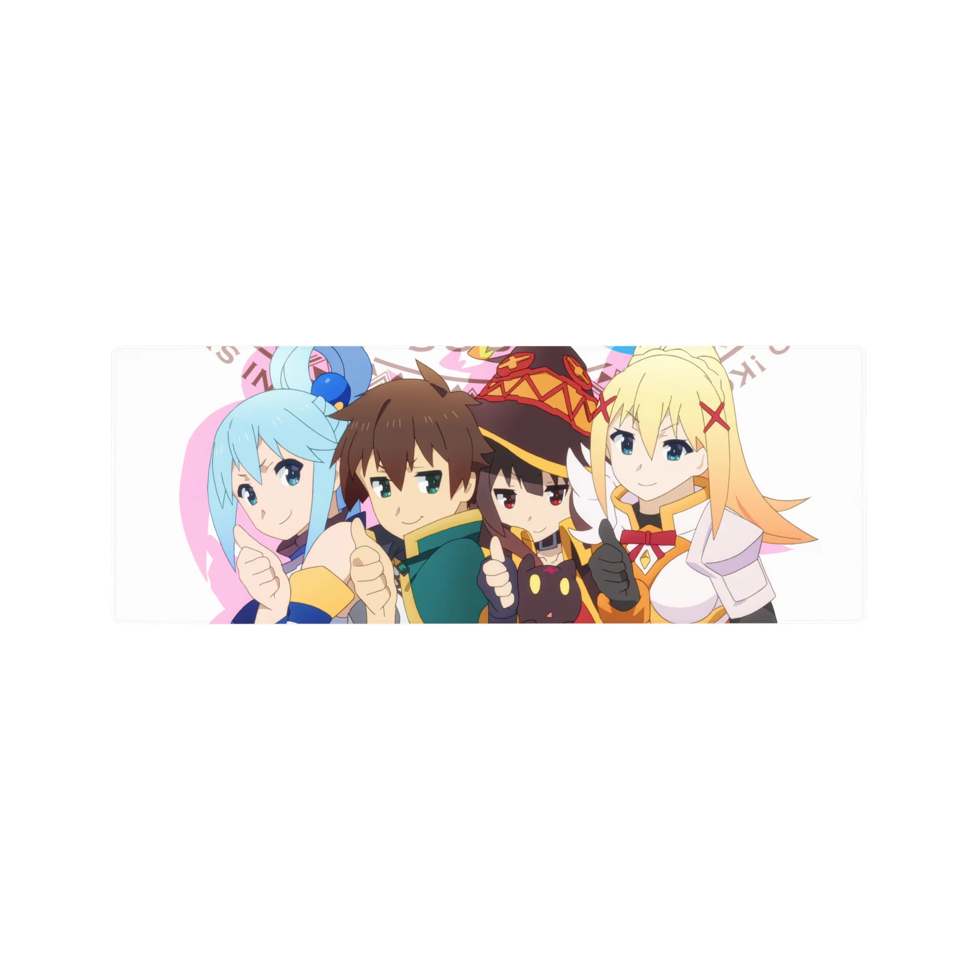 Kazuma and KonoSuba crew on 32x12 inch anime mouse pad, chibi-style, bright colors, showcasing Aqua, Megumin, and Darkness.