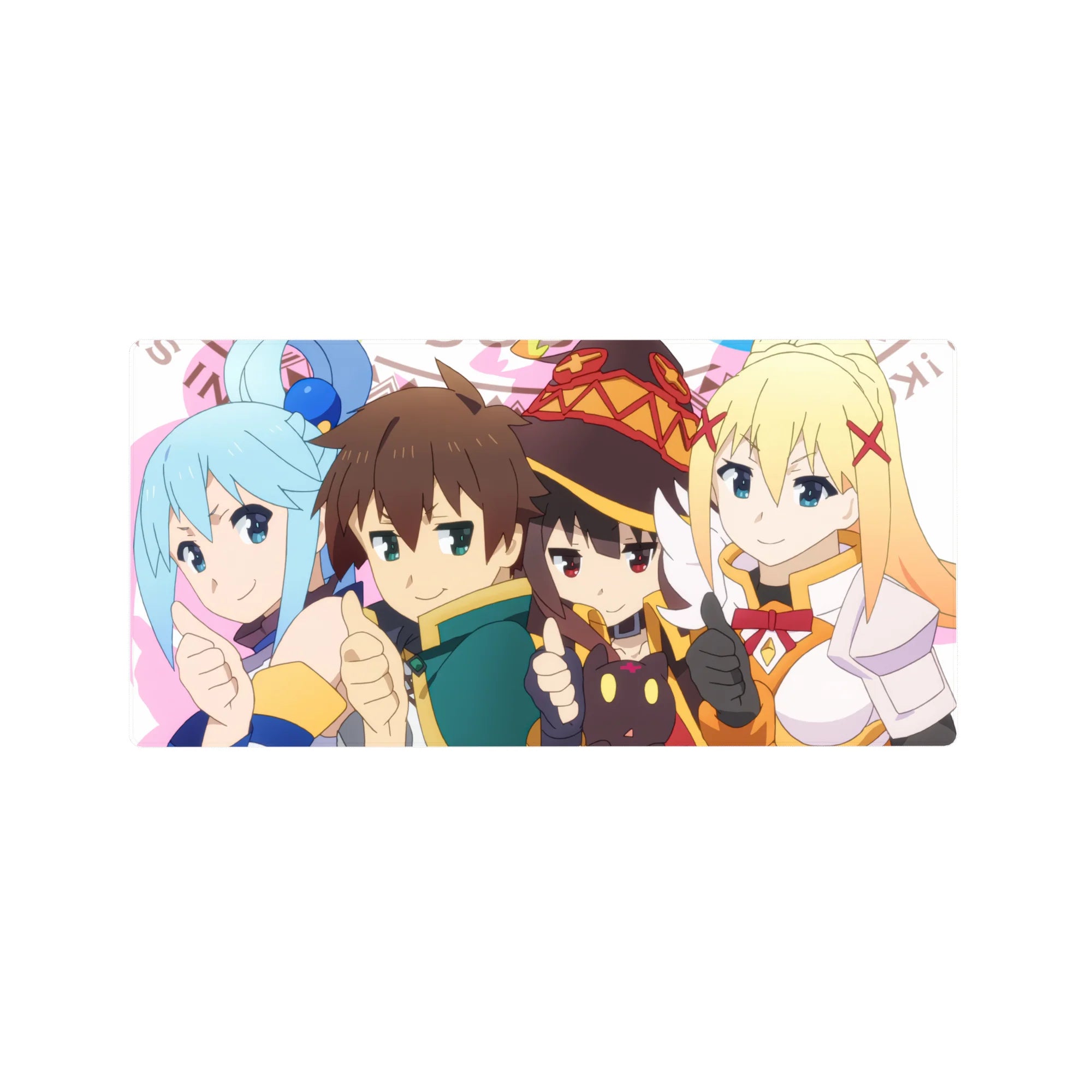 Kazuma and KonoSuba crew on 32x16 inch anime mouse pad; chibi style, vibrant colors, Aqua, Megumin, and Darkness featured.