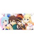 Kazuma and KonoSuba crew desk pad, 36x16 inches, features chibi anime style with Aqua, Megumin, and Darkness in colorful chaos.