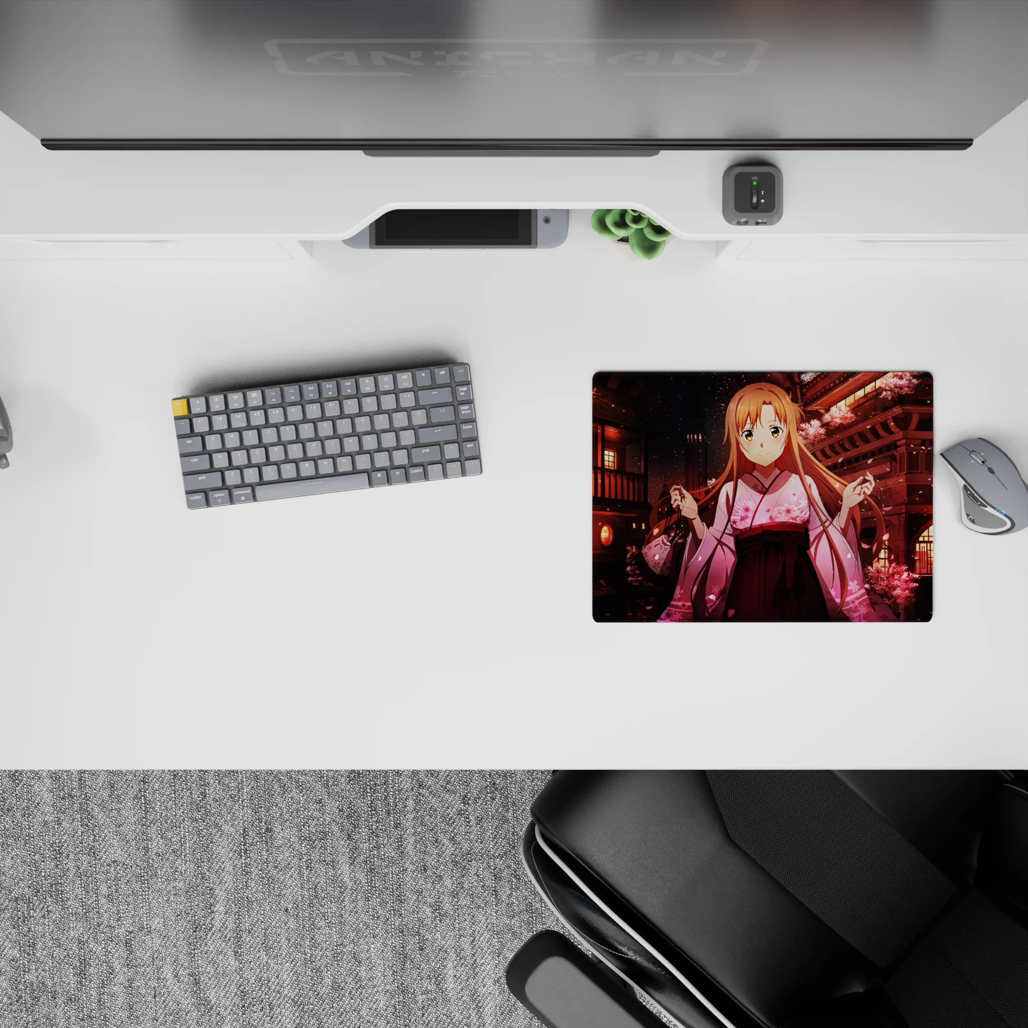 Anime mouse pad featuring Asuna from Sword Art Online, 14x10 inches, with sakura blossoms and lantern-lit rooftops.