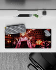 Mouse pad featuring Asuna from Sword Art Online amidst blooming sakura, lanterns; 28x12 inches, enhances desk decor.