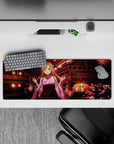 Anime mouse pad 32x12 inches featuring Asuna from Sword Art Online under sakura trees, with lantern-lit rooftops and pink blossoms.