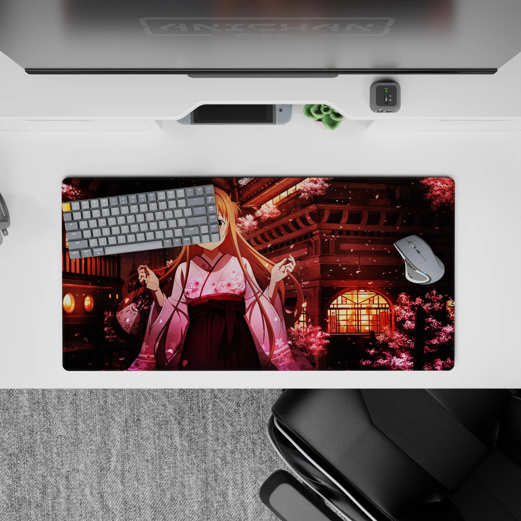 Anime mouse pad 32x16 inches featuring Asuna from Sword Art Online, with sakura blossoms and lantern-lit rooftops.