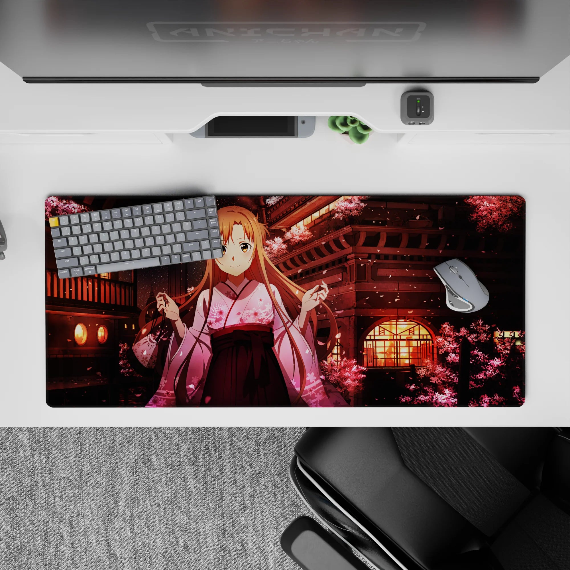 Anime desk pad 36x16 inches featuring Asuna from Sword Art Online, with sakura blossoms and lantern-lit rooftops.